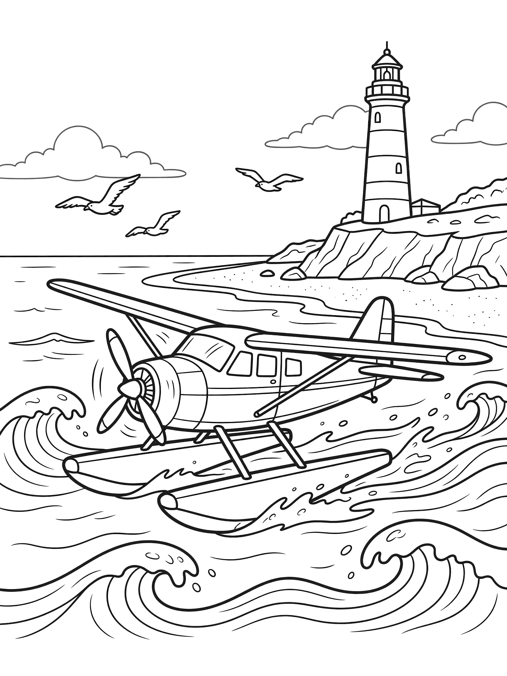 Black and white coloring page of a seaplane with pontoons flying low over waves near a lighthouse, seagulls, beach, and clouds