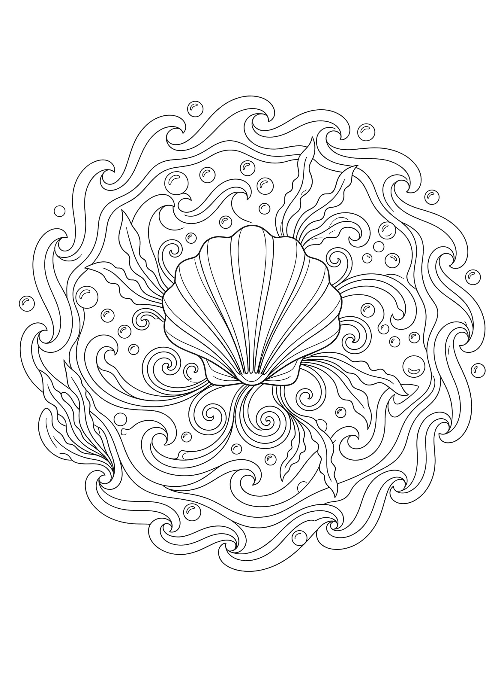 Simple black-and-white coloring page of a symmetrical seashell mandala with blooming seashell center, waves, bubbles, and seaweed curls.