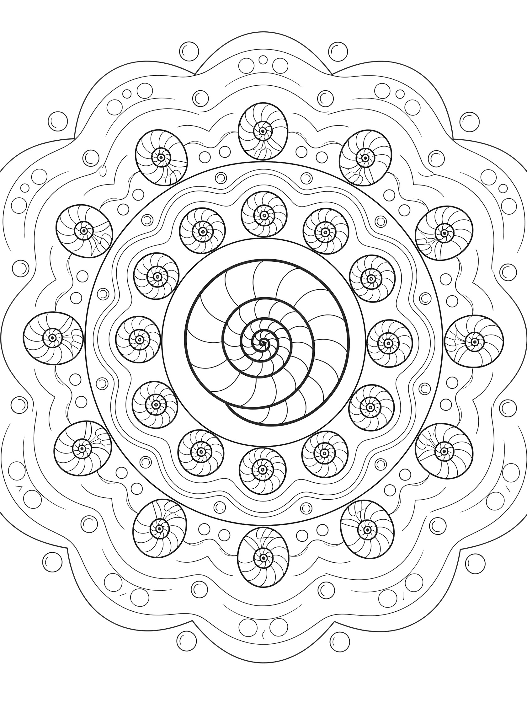 Simple line art coloring page of a seashell echo mandala with central spiral seashell, rippling smaller seashells, gentle waves, and bubble outlines.