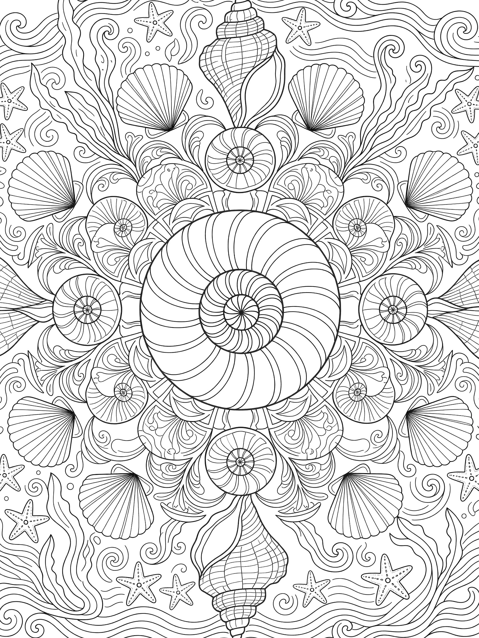 Intricate line art coloring page featuring a symmetrical Seashell mandala with nautilus center, spiral shells, starfish, seaweed, and wave designs.