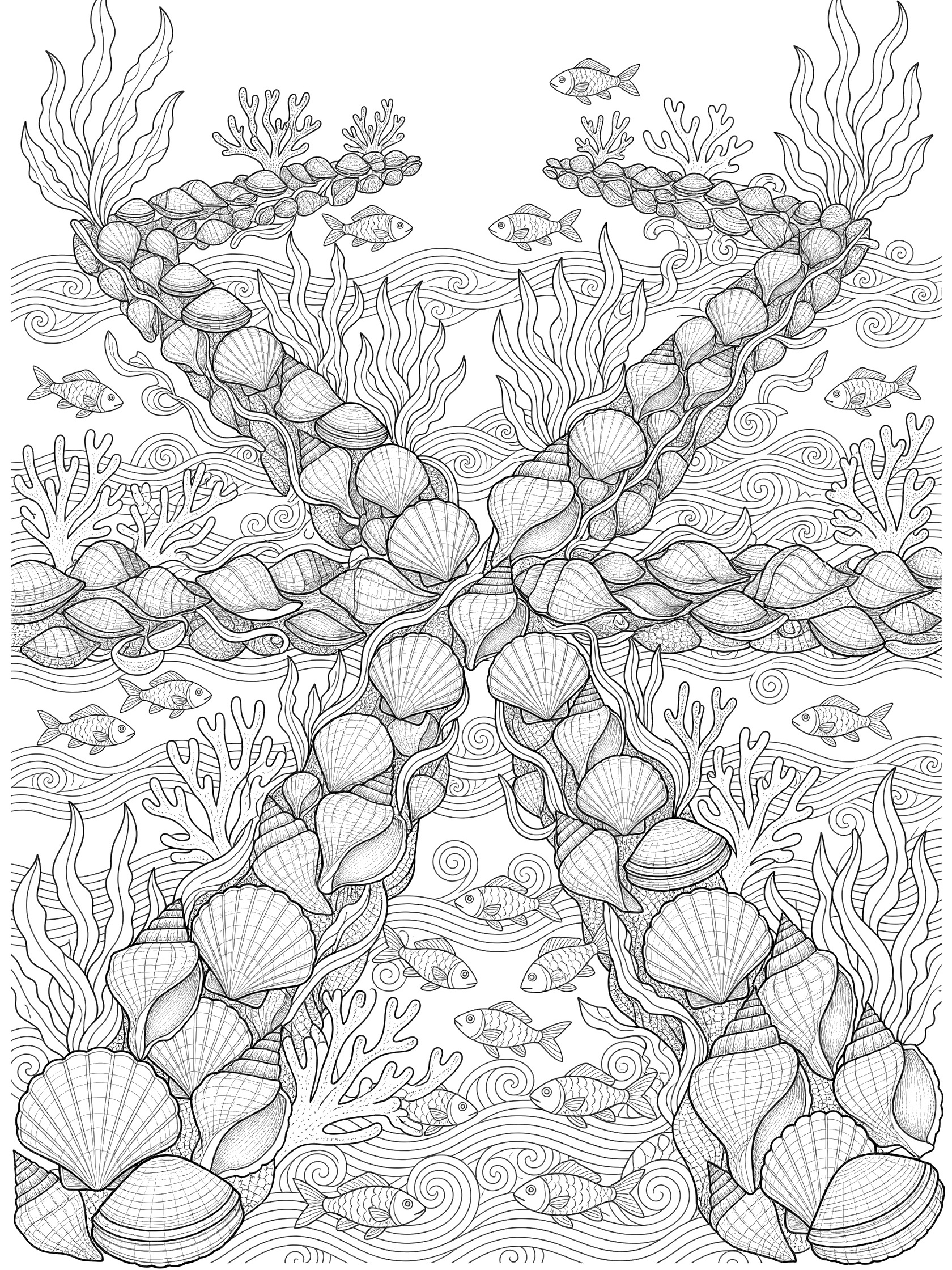 Black and white line art of symmetrical seashell jetties in zentangle style with shells, seaweed, coral, fish, and waves forming a radial underwater mandala.