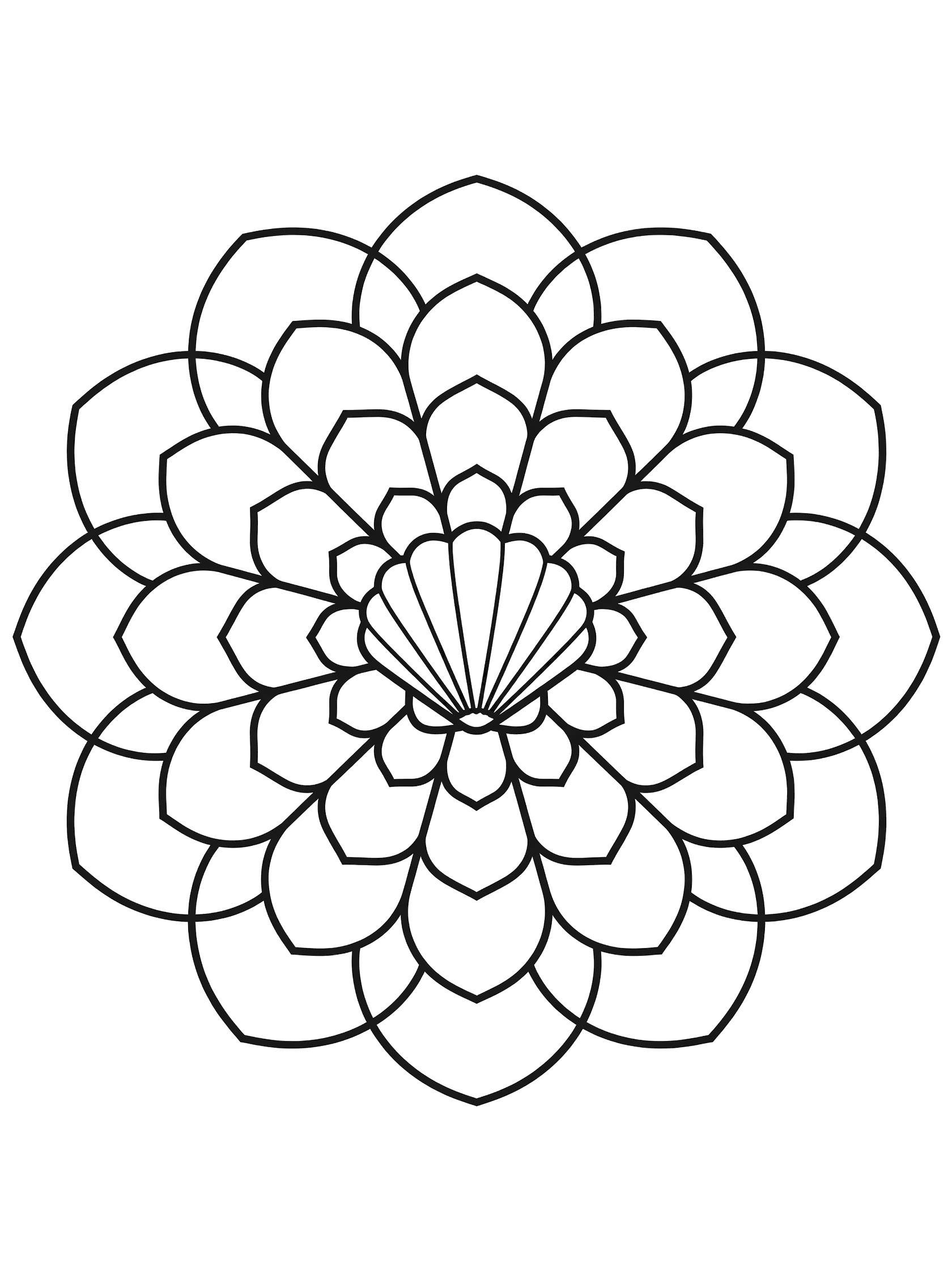Black and white line art of a mandala resembling a seashell flower with ridged center and layered petal segments in coloring page style.
