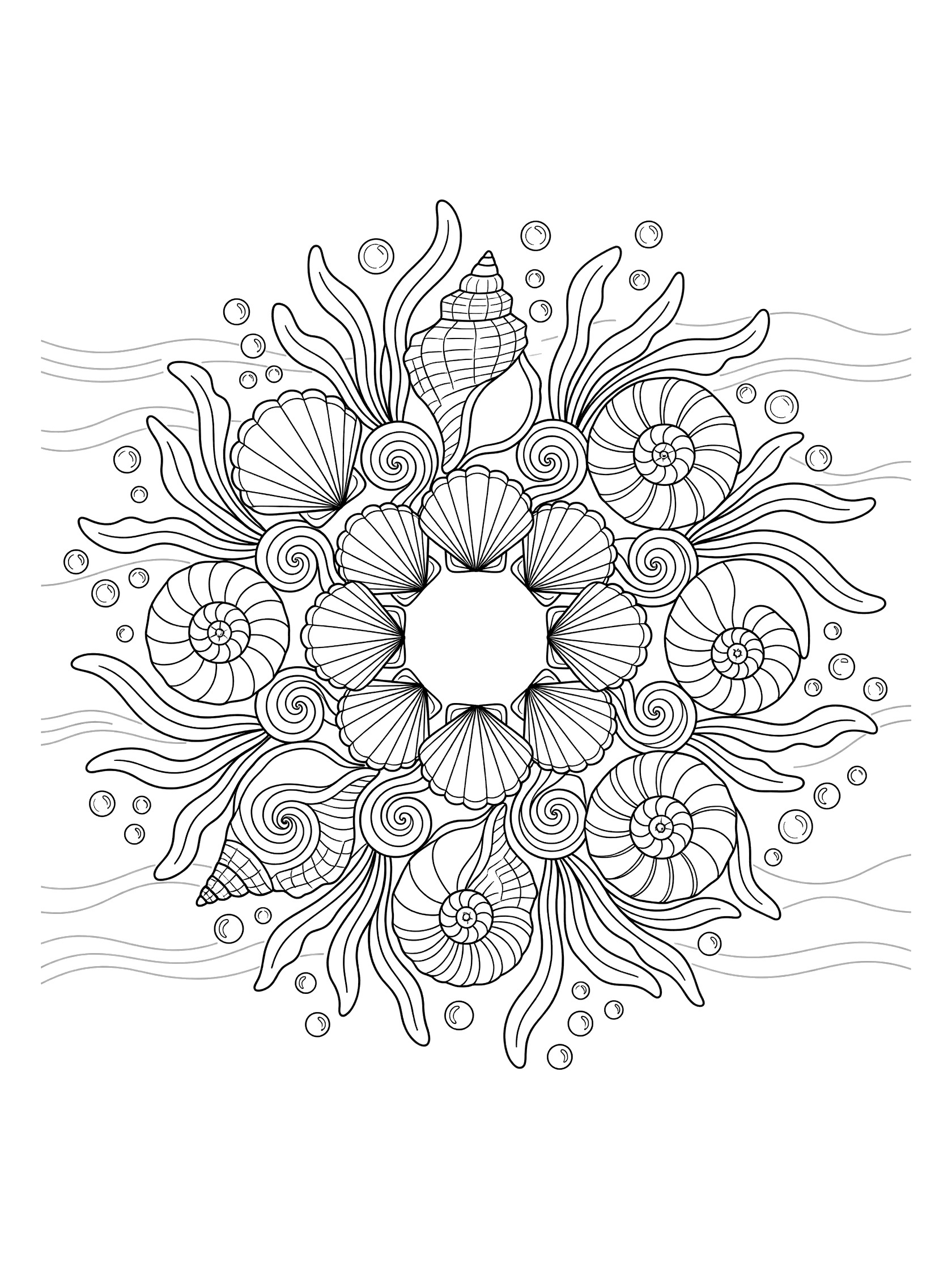 Black and white printable coloring page of a symmetrical seashell cluster mandala with conches, scallops, nautiluses, seaweed tendrils, bubbles, and wave patterns.