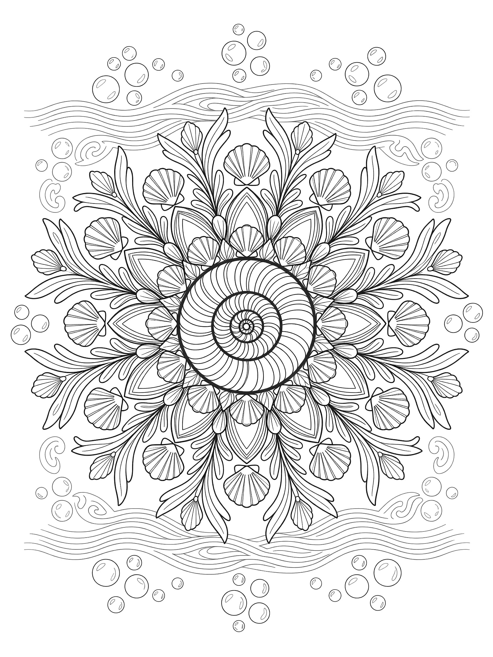 Symmetrical black and white Seashell Radiance Mandala coloring page featuring a large spiral seashell center with petal-like smaller shells, swirling tendrils, bubble clusters, and wave motifs.