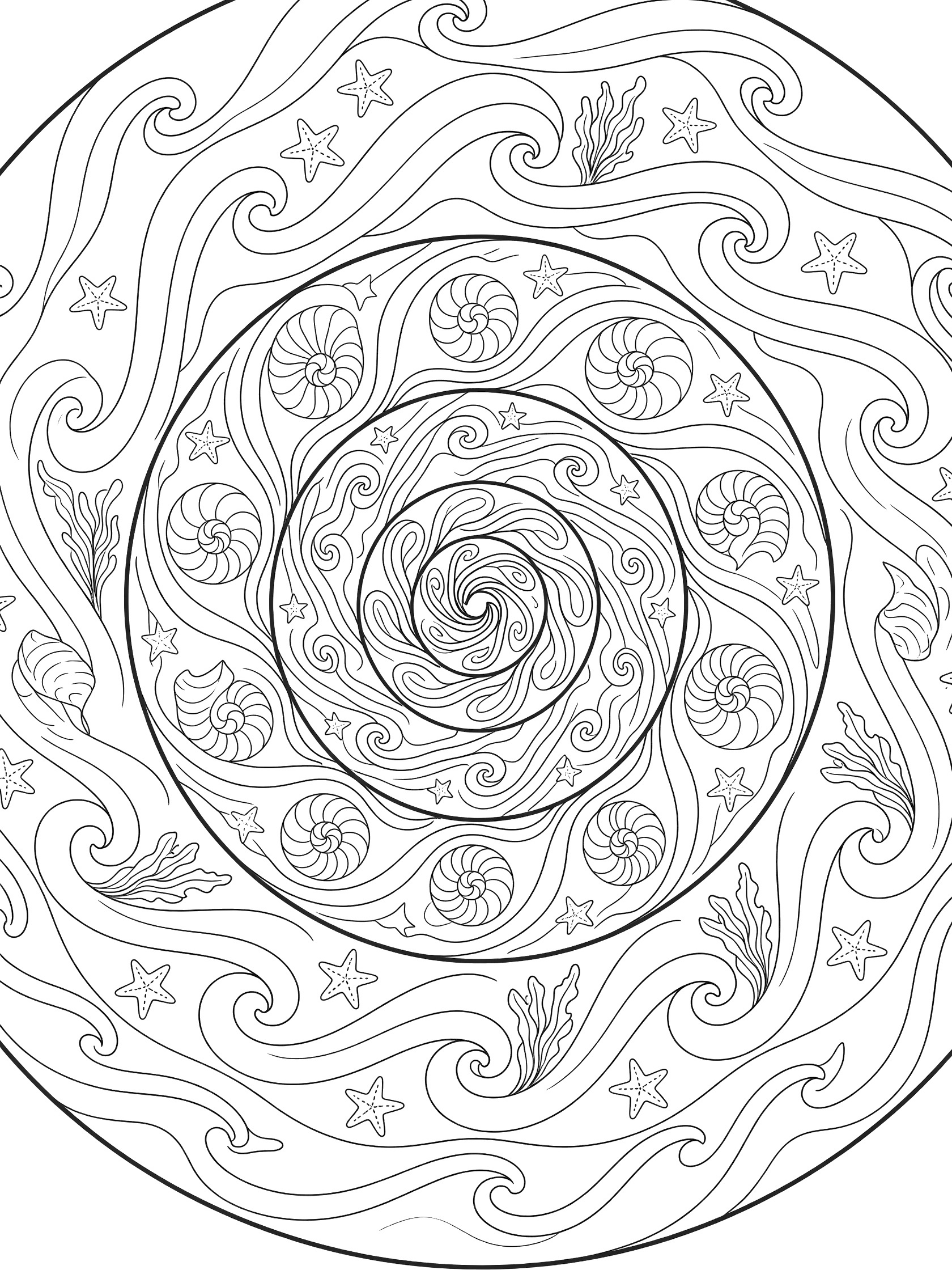 Black and white line art of a seashell mandala with central vortex spiral, nautilus shells, waves, starfish and seaweed fronds.
