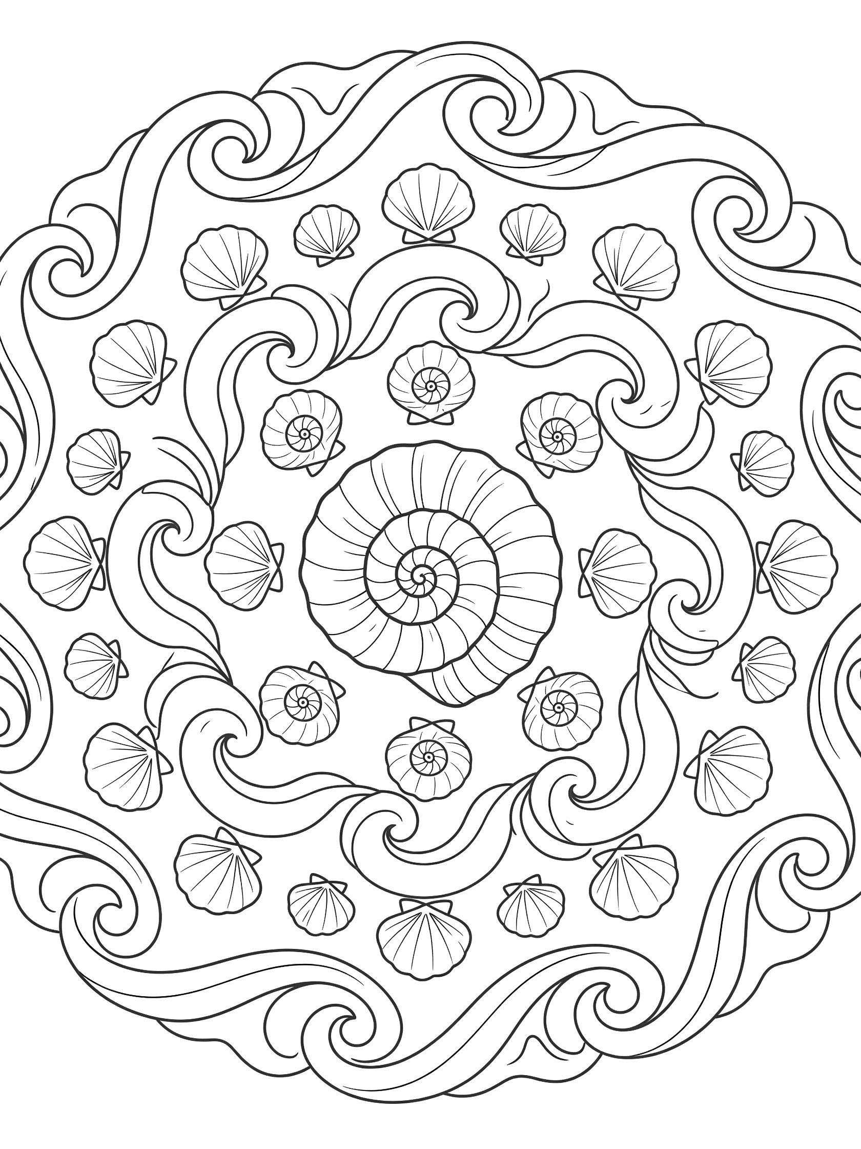 Symmetrical mandala coloring page with a large spiral seashell in the center, radiating wave patterns made of smaller seashells and swirling waves, bold line art on white background