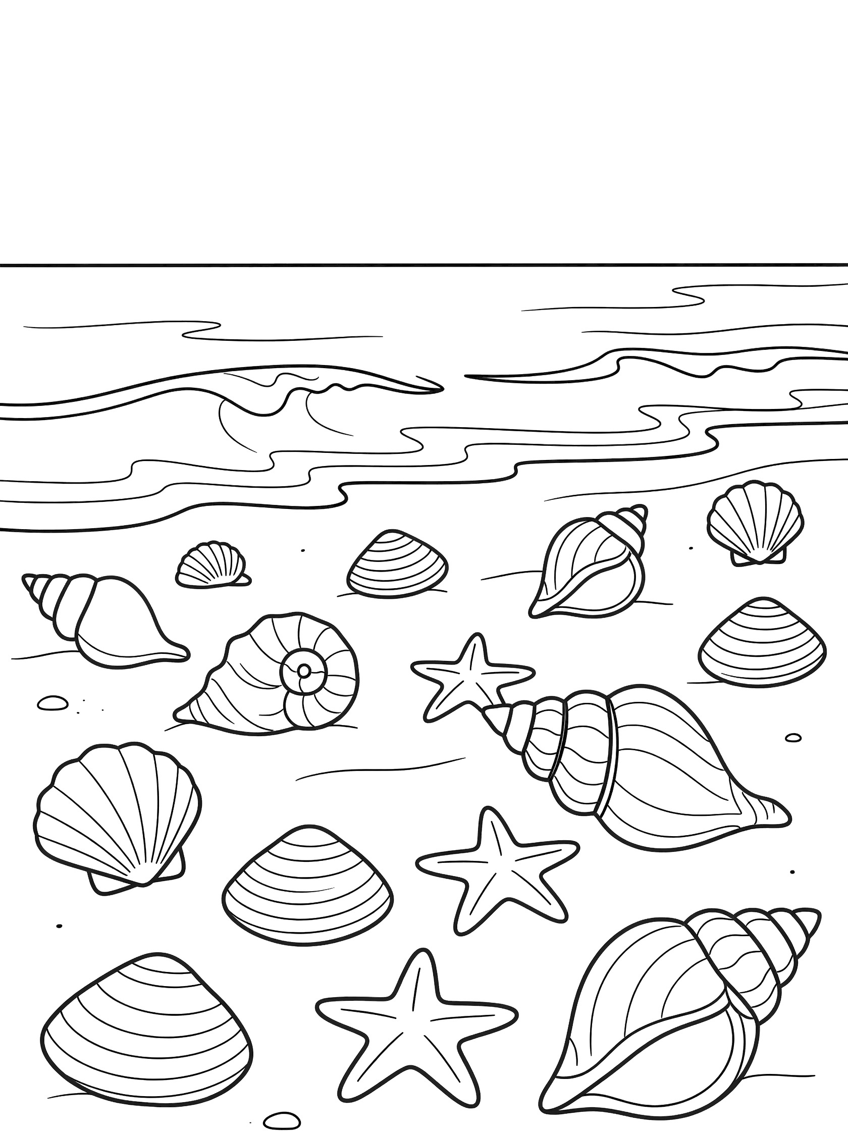 Black and white line art coloring page showing a wide sandy beach in San Clemente with large clamshells, spiral conches, starfish scattered on the sand, and curling waves from the ocean.
