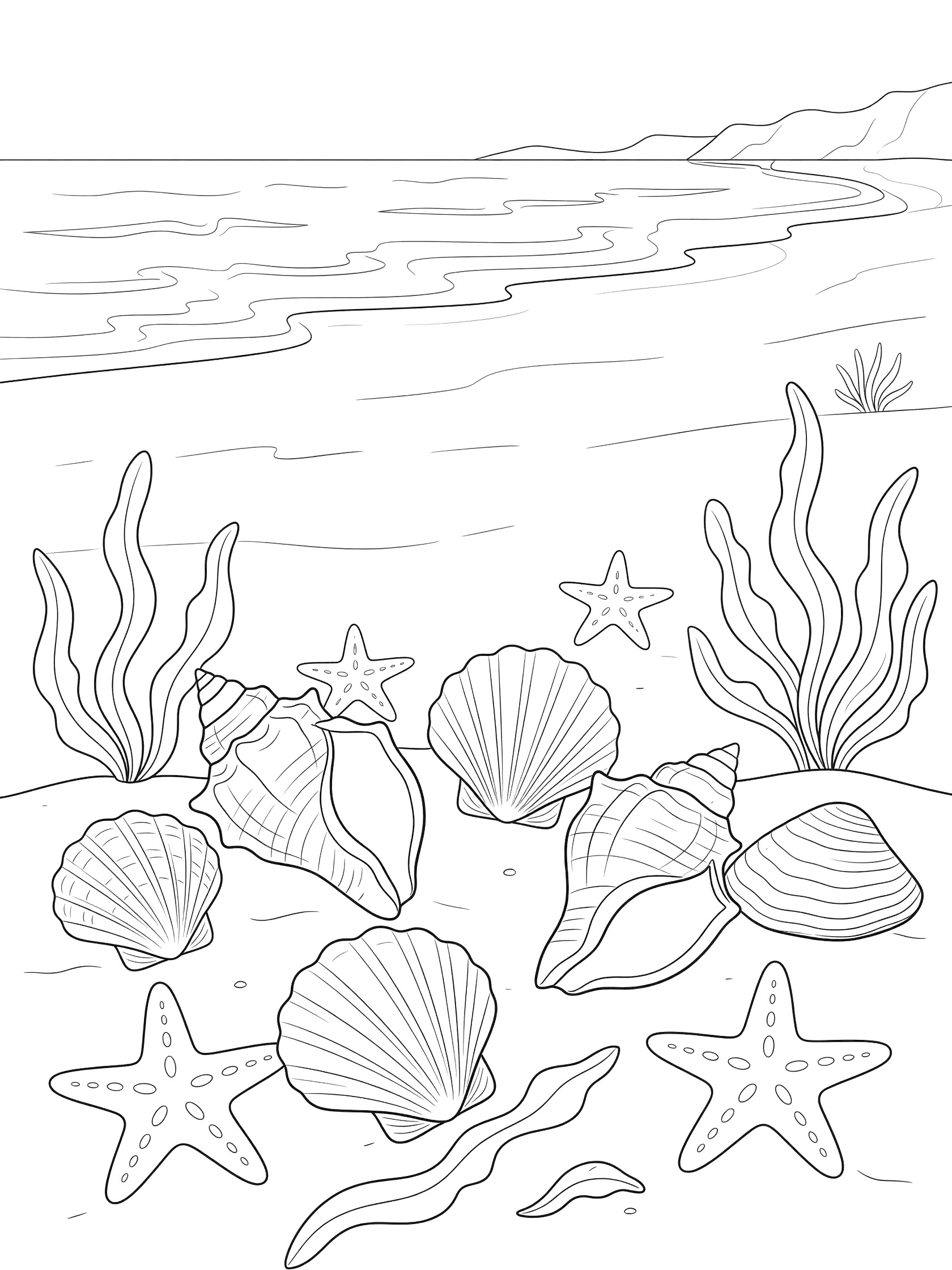 Black and white line art coloring page showing various seashells, starfish, seaweed on sandy beach with ocean waves and distant cliffs. Maya Bay themed black and white printable line art
