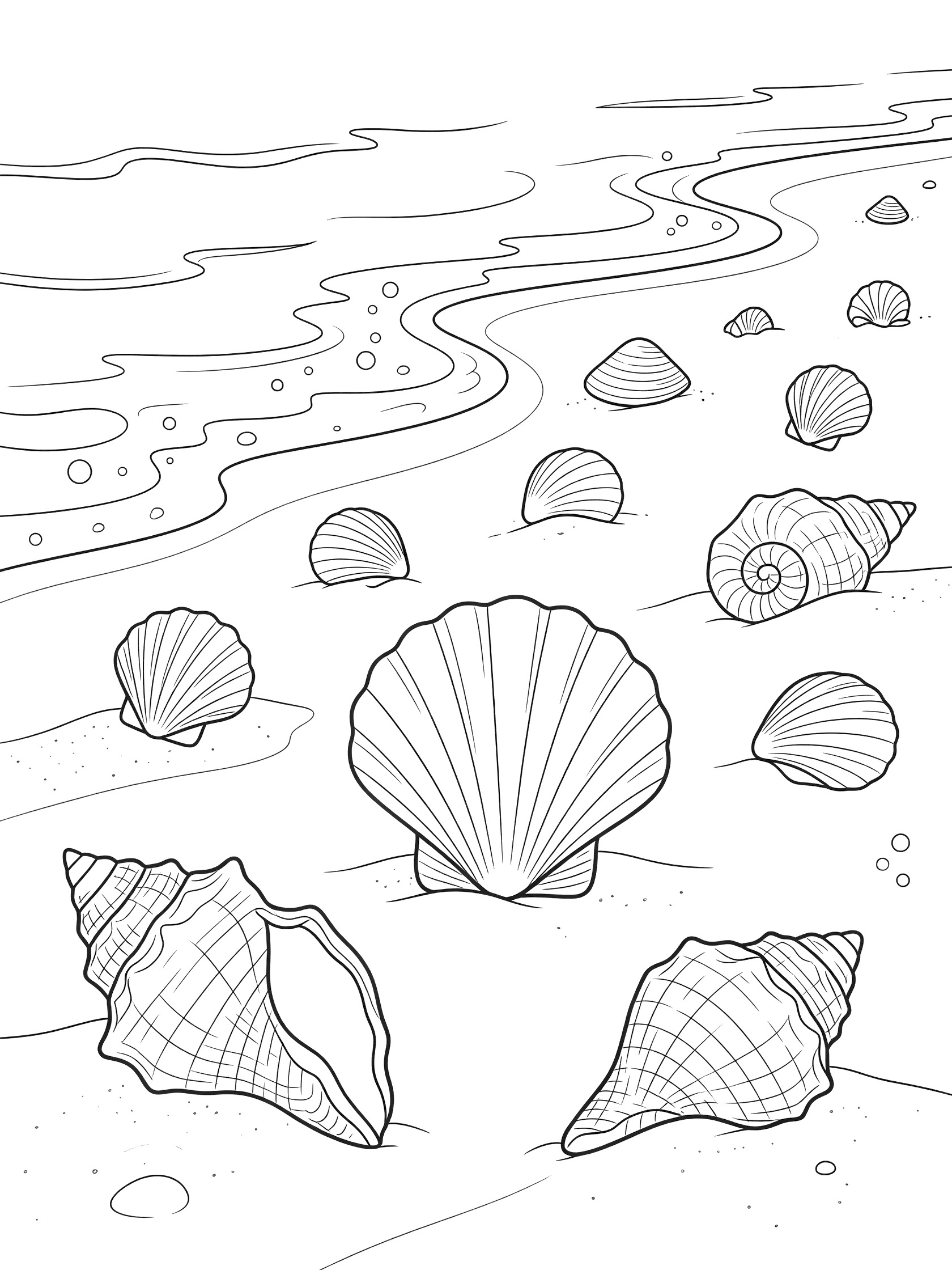 Black and white line art coloring page showing various seashells scattered on sandy beach with waves and bubbles at the shore. J-Bay themed black and white printable line art