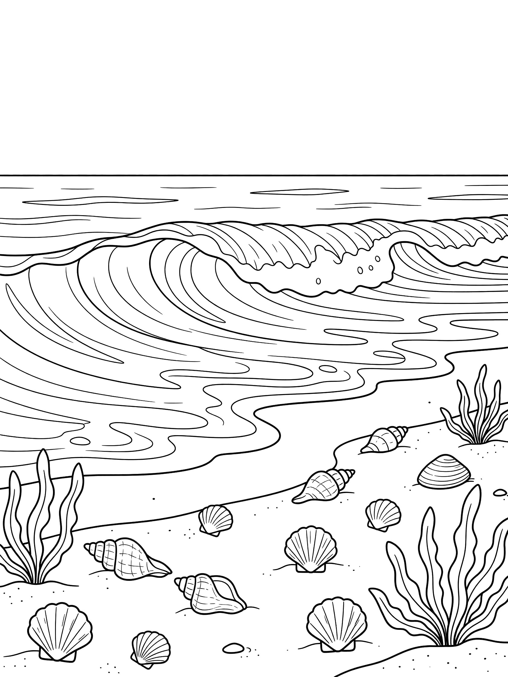 Black and white line art coloring page showing gentle ocean waves on a sandy beach with scattered seashells and seaweed, thick outlines on white background. Santa Barbara themed black and white printable line art