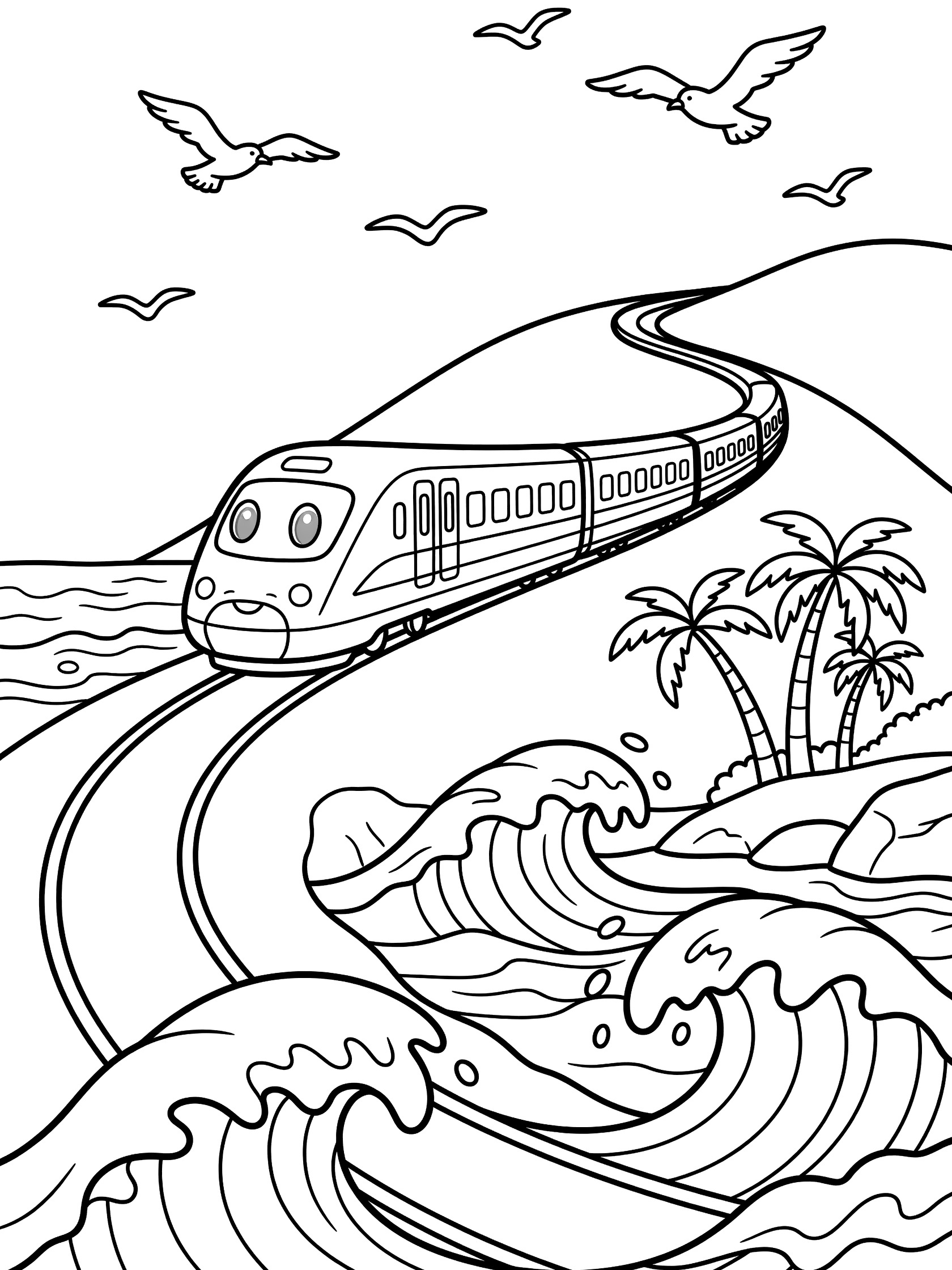 Black and white line art of a bullet train on coastal tracks climbing a hill, ocean waves below, flying seagulls, and palm trees beside the track. Bullet Trains themed black and white printable line art
