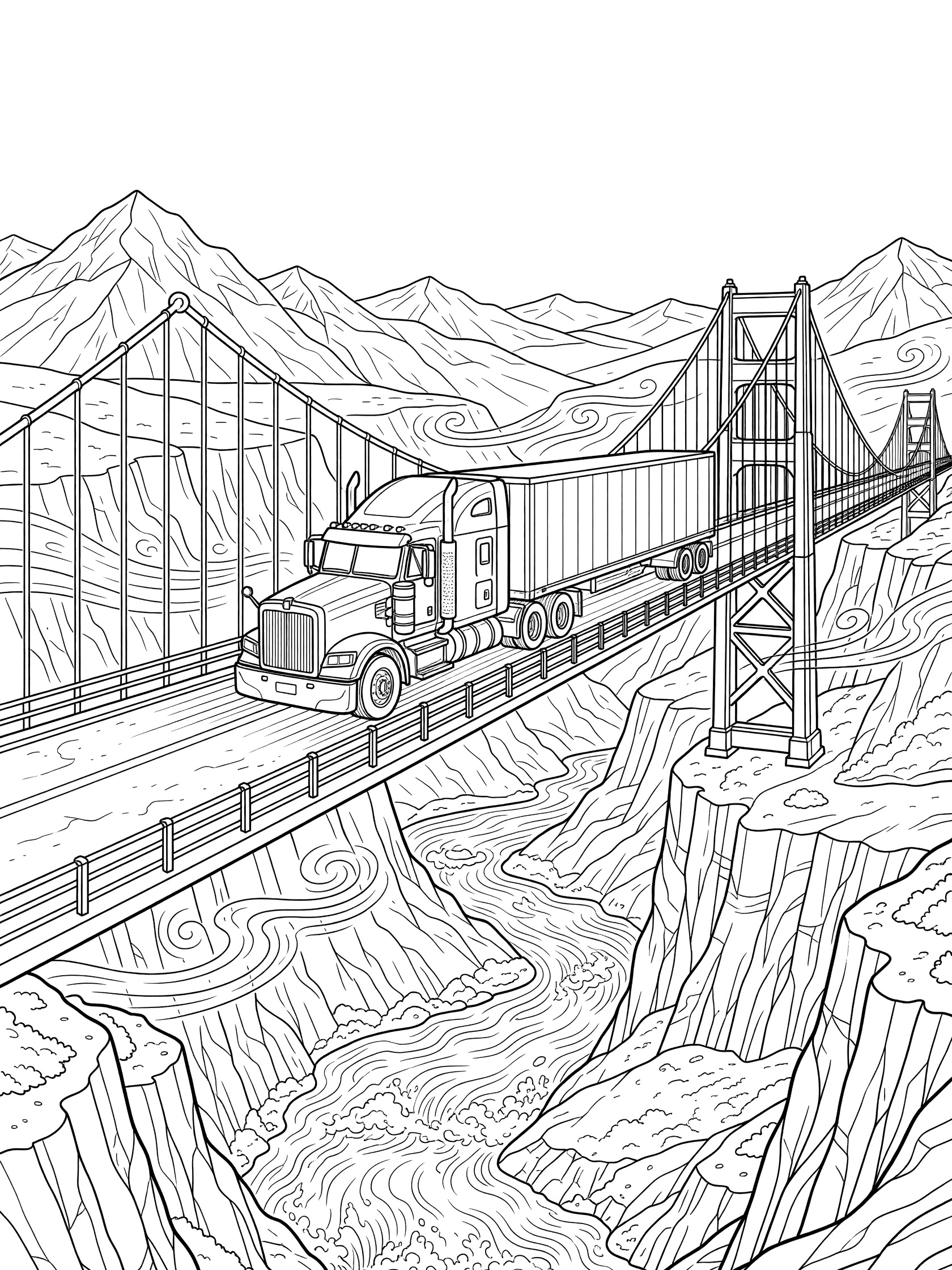 Black and white coloring page showing a detailed semi truck mid-crossing on a suspension bridge above a winding river canyon with cliffs, rapids, mountains, and wind lines.