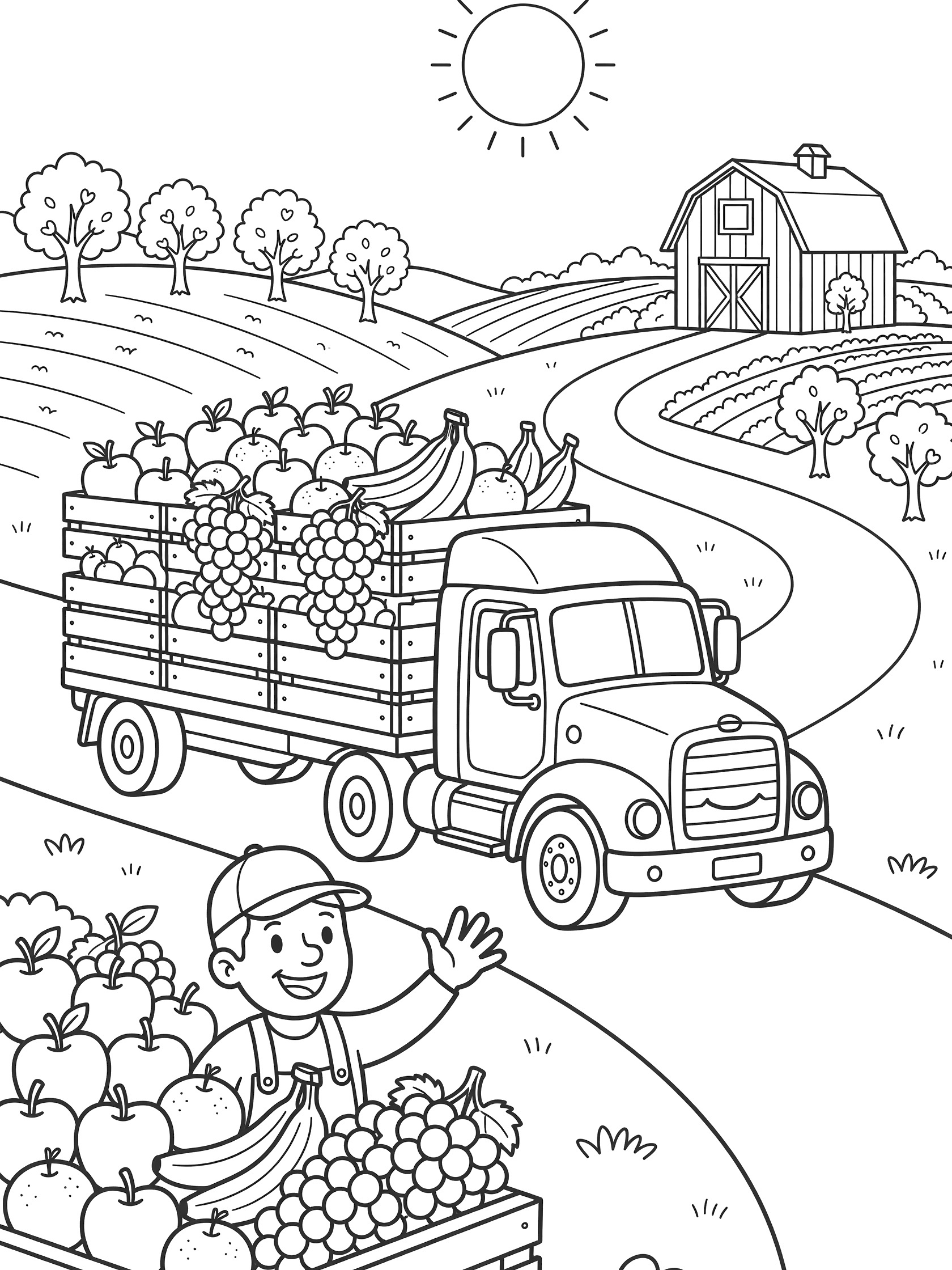 Black and white coloring page of a semi truck with trailer full of fruit crates driving to a farm barn, farmer waving near fruit stand, hills and sun