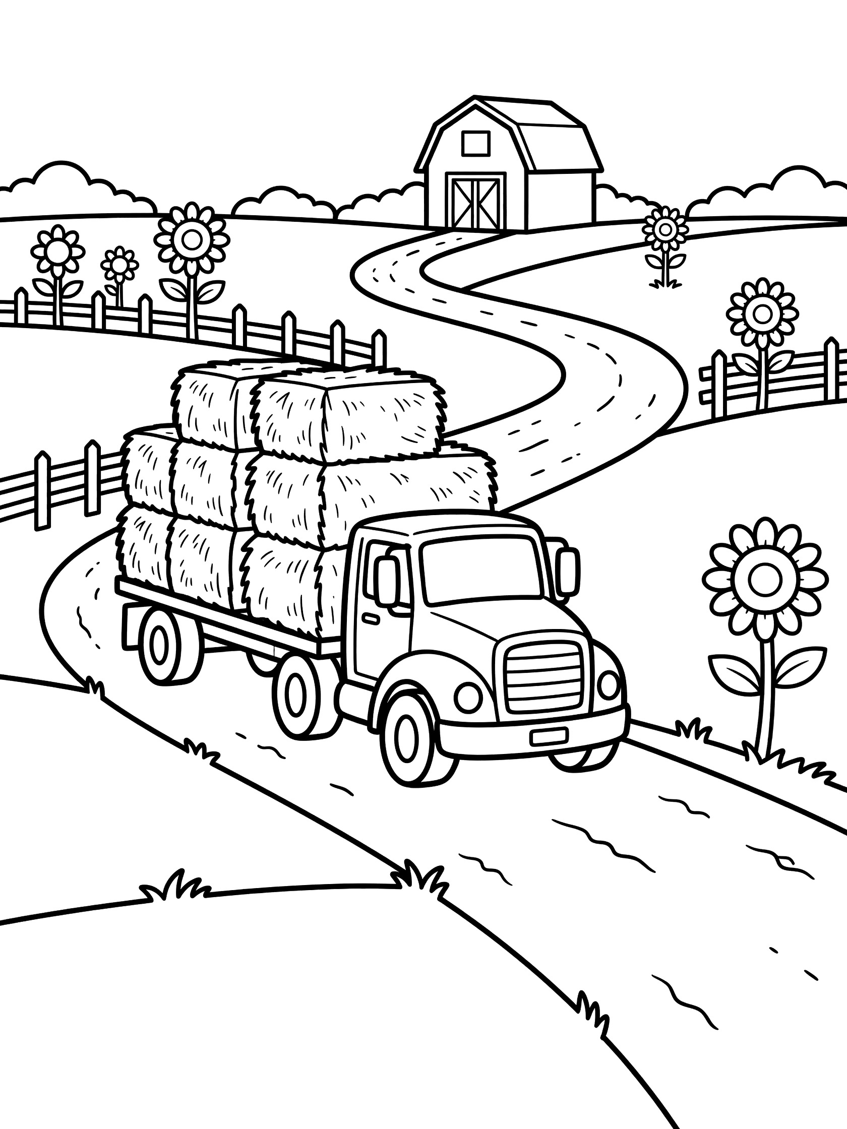 Black and white coloring page of a semi truck with trailer loaded with hay bales driving on a curvy farm road, with barn, fields, sunflowers, and fence.