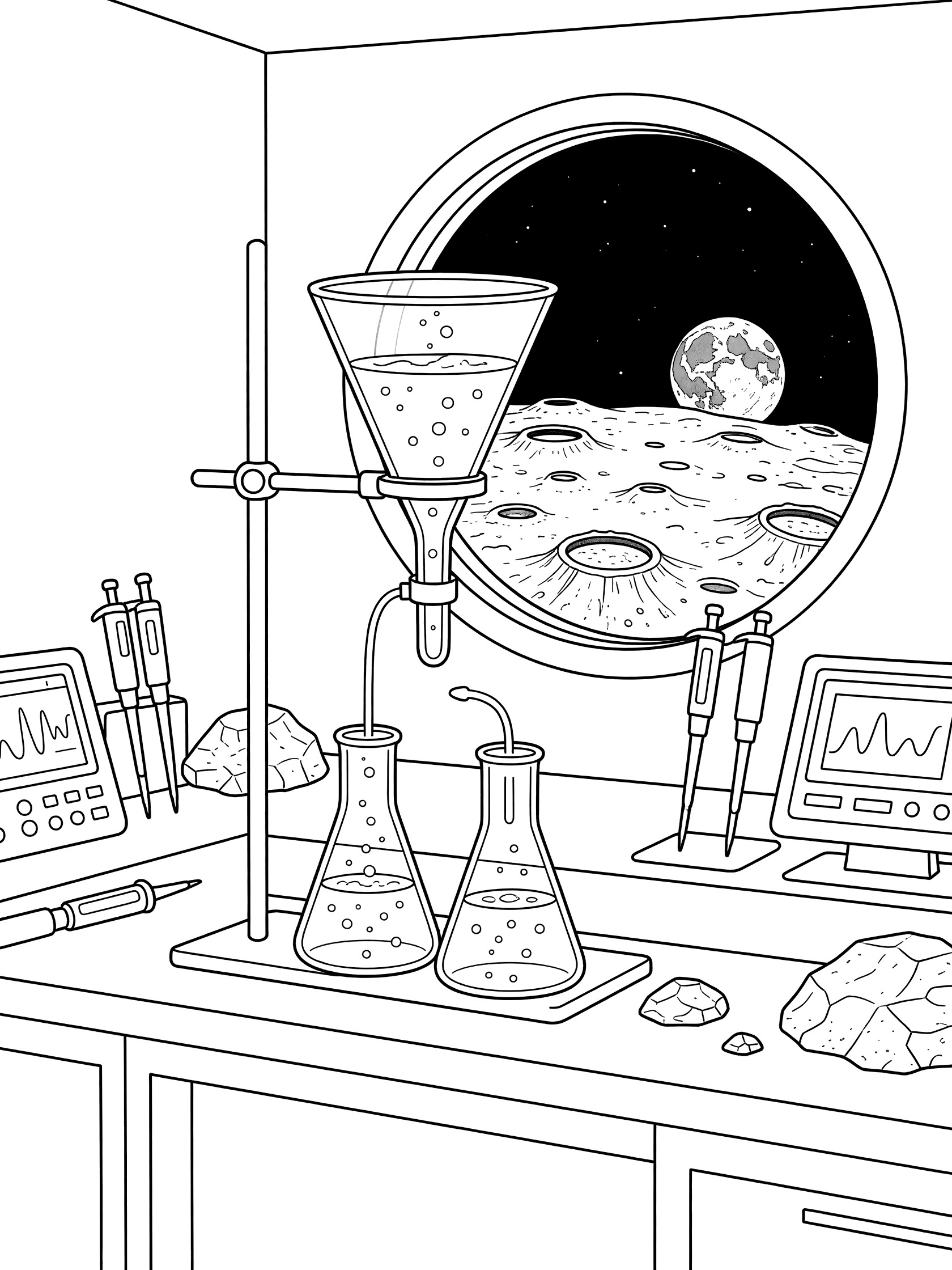 Black-and-white coloring page of a separating funnel in a moon base science lab, with two liquids flowing into flasks, bubbles rising, lunar rocks, Earth through window, pipettes, and lab instruments.