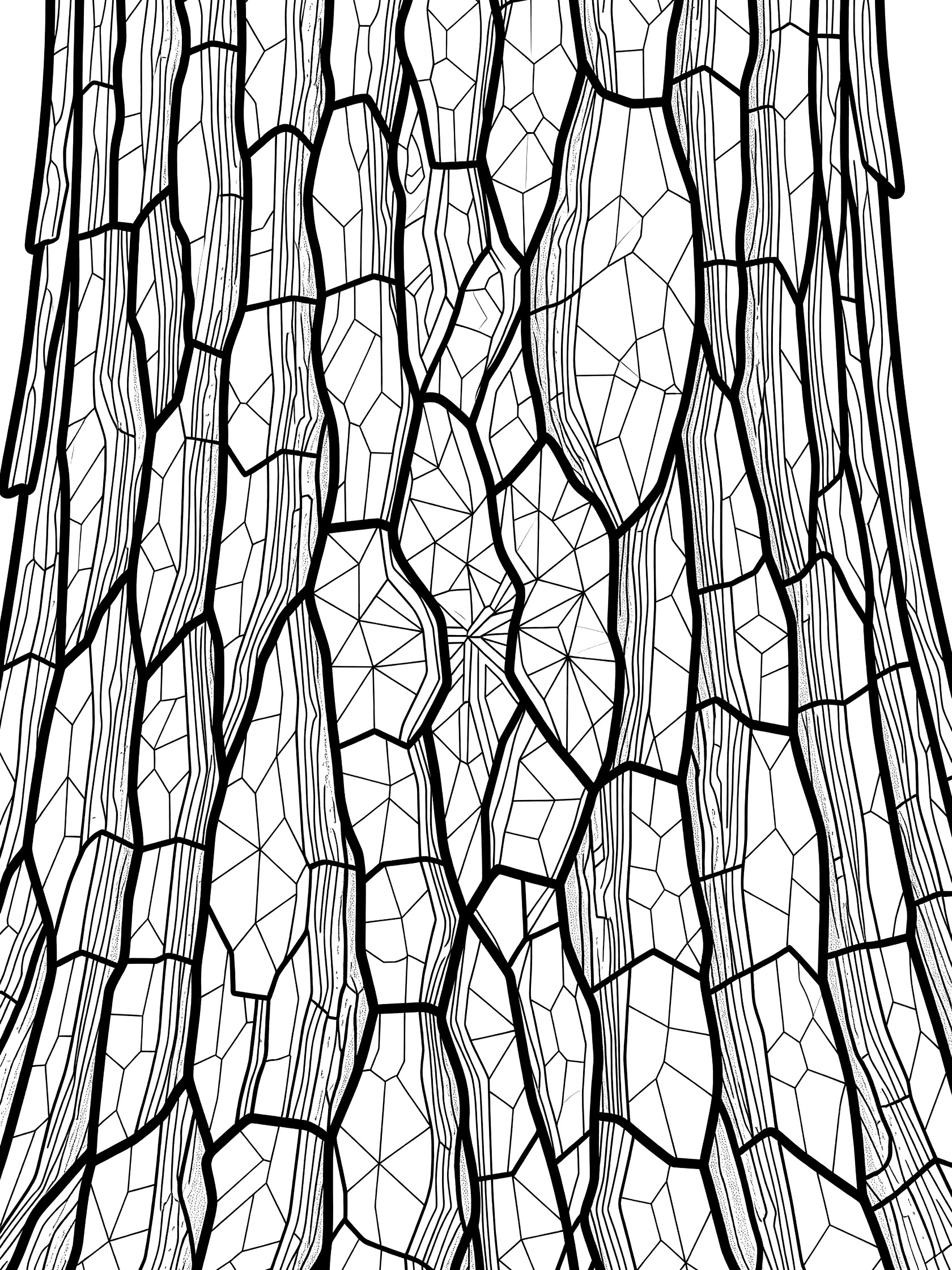 Black and white line art close-up of sequoia tree bark showing interlocking polygons, triangles, and hexagonal patterns in bold outlines.