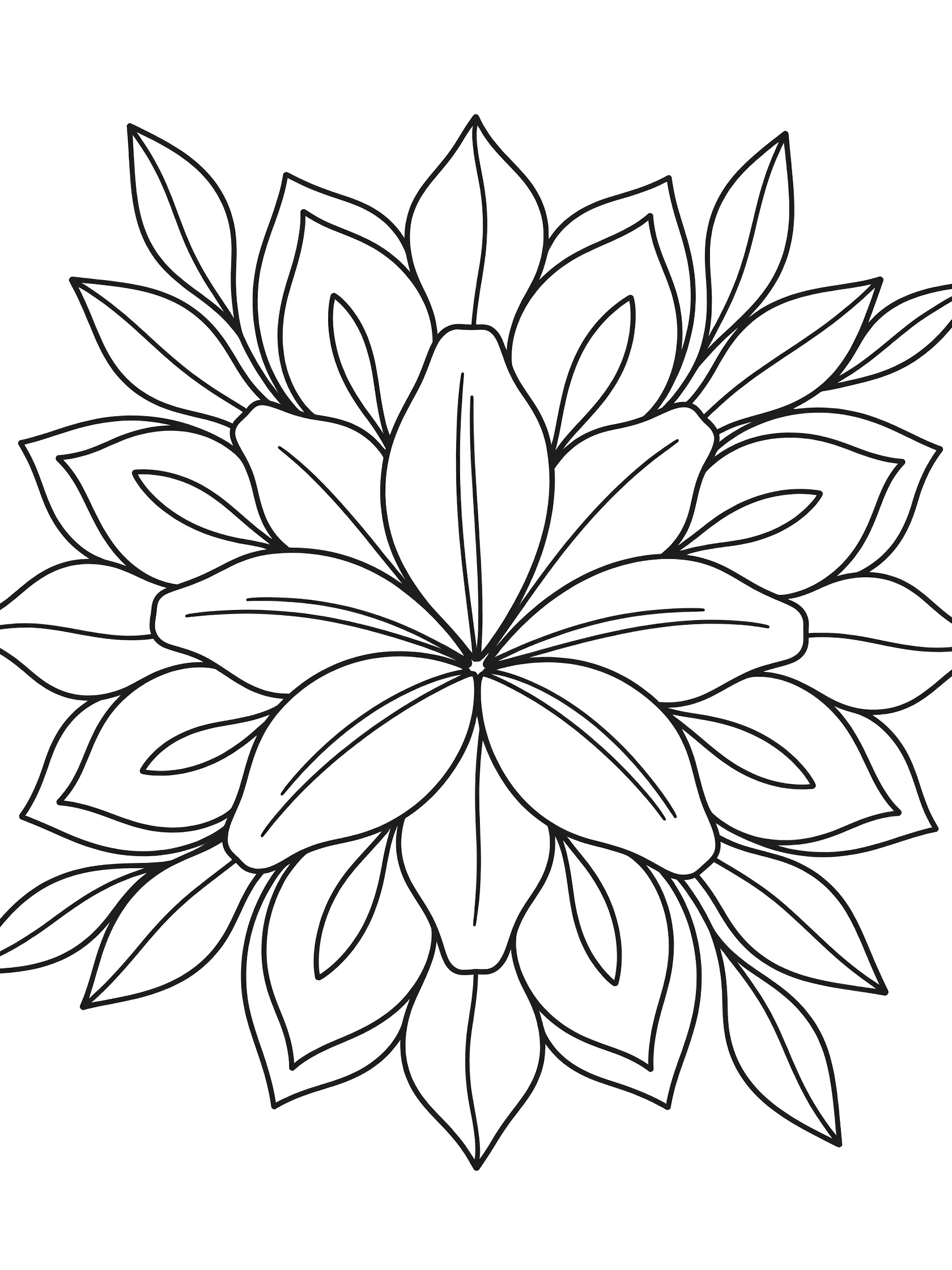 Black and white line art of a serene lily mandala coloring page showing a large central lily with soft petals and surrounding leaf patterns.