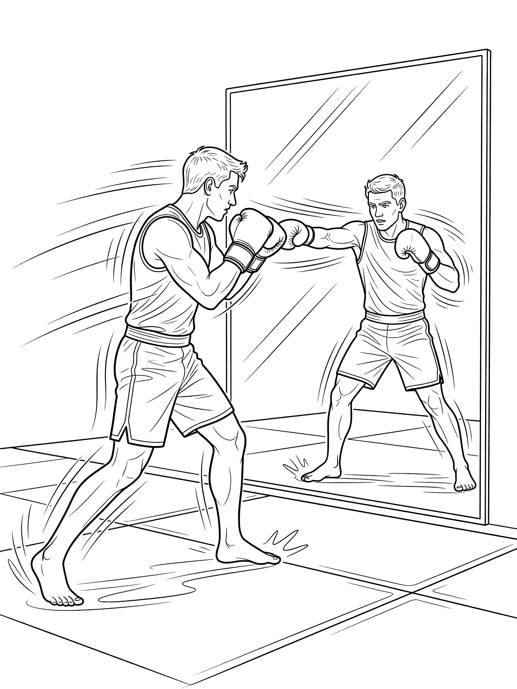 Black and white line art of a fighter in MMA gloves shadow boxing with punches and footwork in front of a full-length mirror on a gym mat.