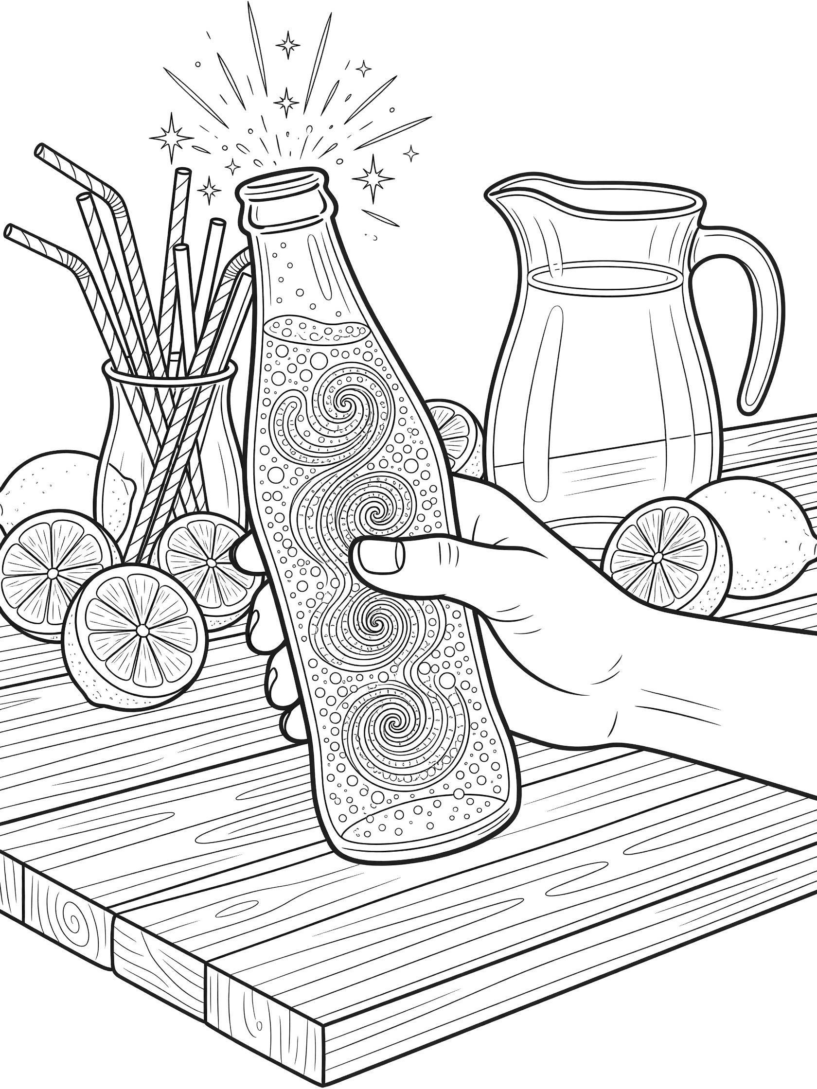 Line art coloring page showing a hand gently shaking a bubbly soda bottle surrounded by lemons, colorful straws, and a pitcher on a wooden counter.