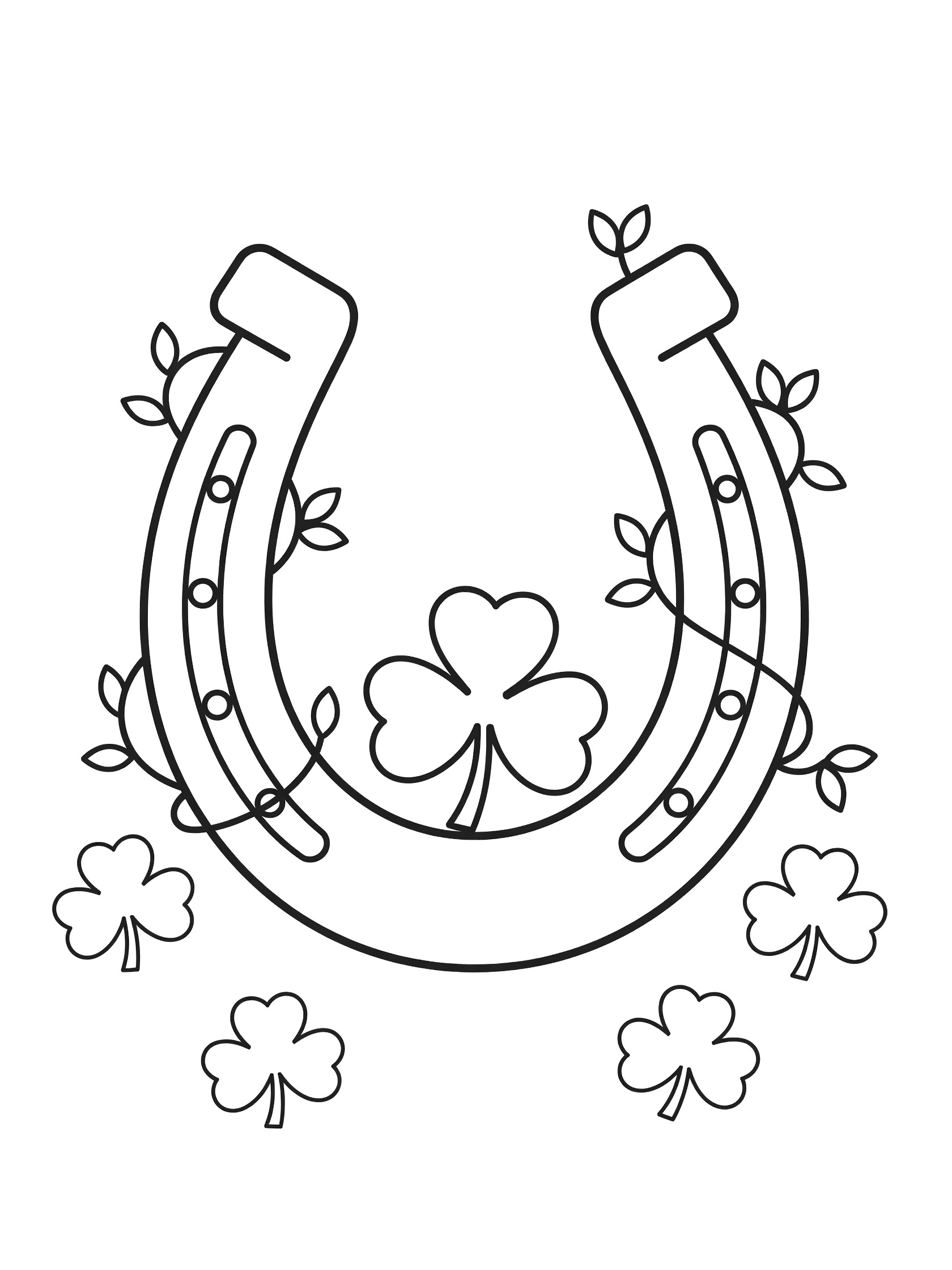 Line art coloring page showing a shamrock clinging to a vertical horseshoe with wrapping vines and small clovers below