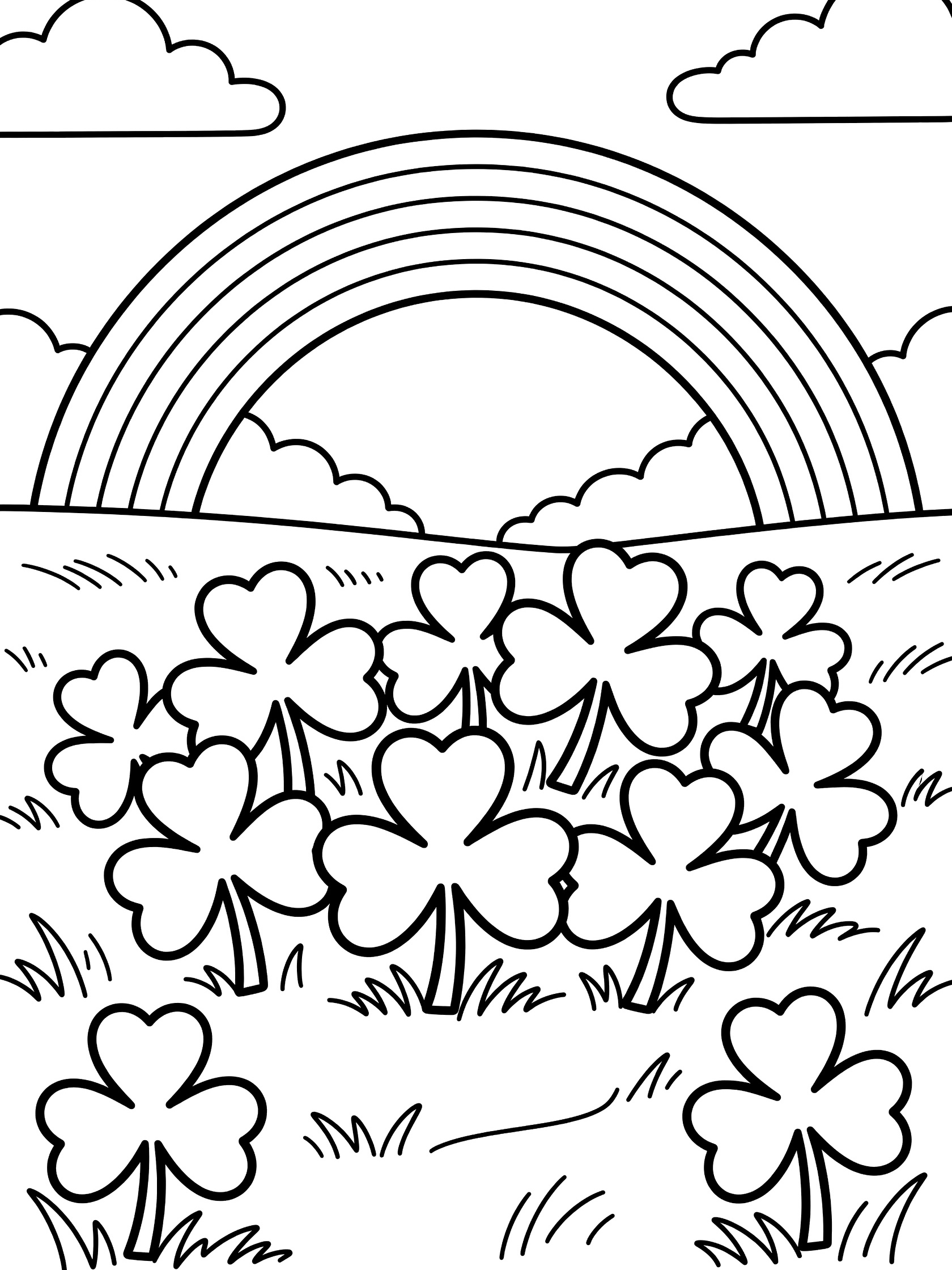 Black and white line art coloring page showing a cluster of shamrocks gathered at the end of a double rainbow arching over an open field with clouds in the sky.
