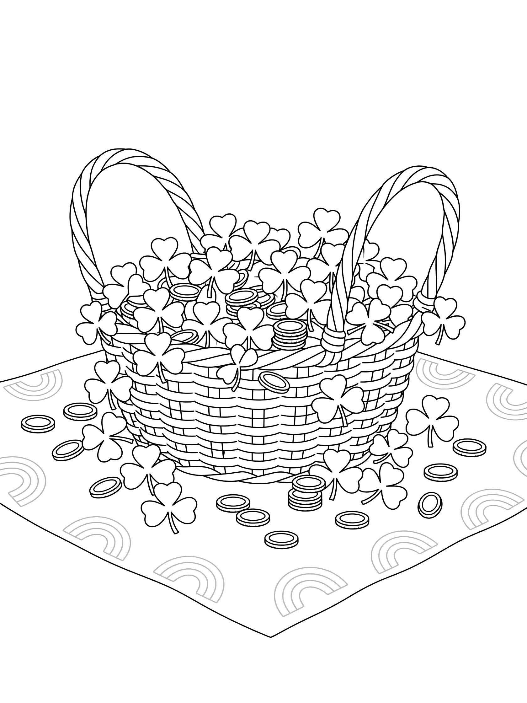 Black and white line art of a shamrock basket full of shamrocks and scattered gold coins on a tablecloth with faint rainbows.