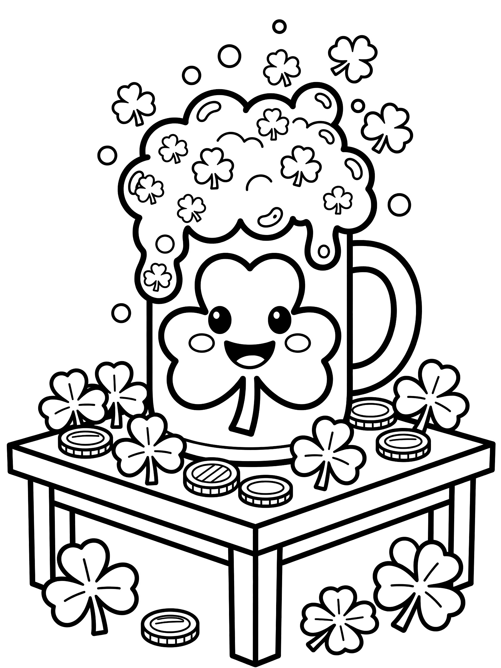 Black and white coloring page of a cheerful shamrock beer mug with foam shamrocks, clovers, gold coins on a pub table for St. Patrick's Day