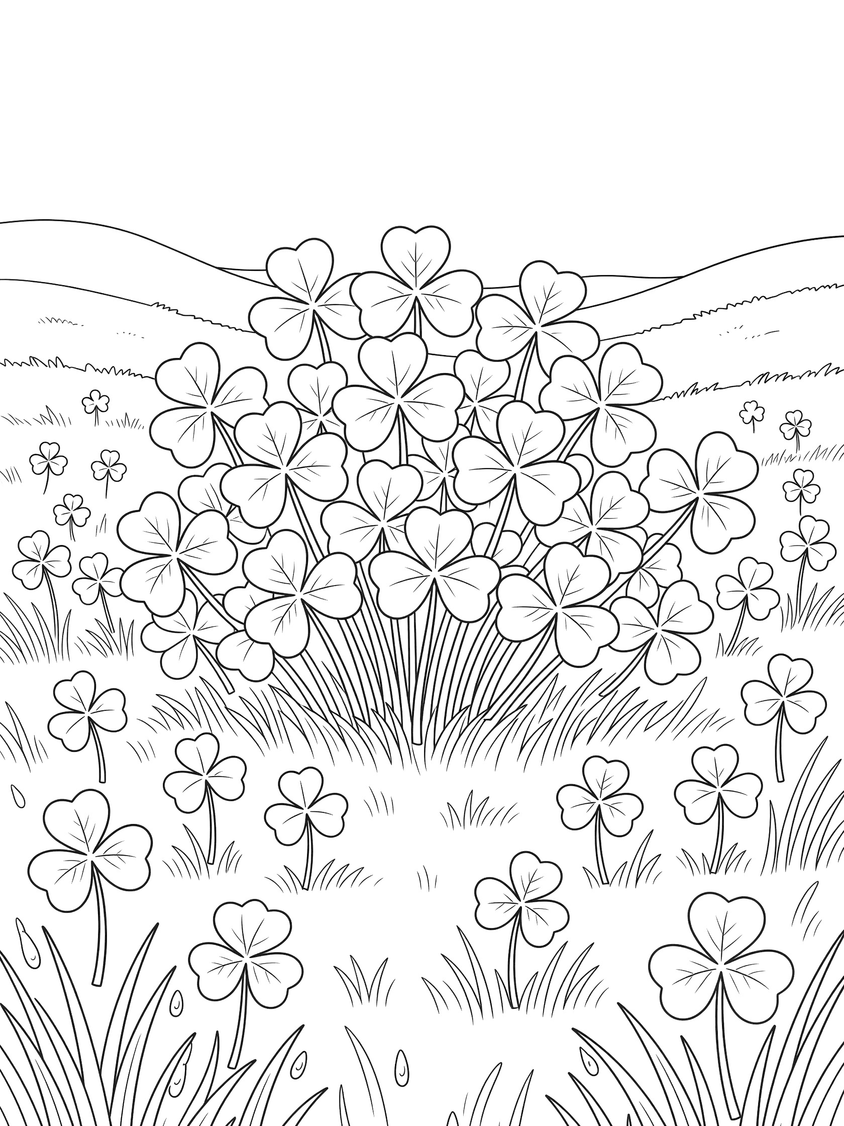 Line art coloring page showing a bushy shamrock plant with clusters of large three-leaf shamrocks, small clovers, dewy grass and rolling hills in a meadow.