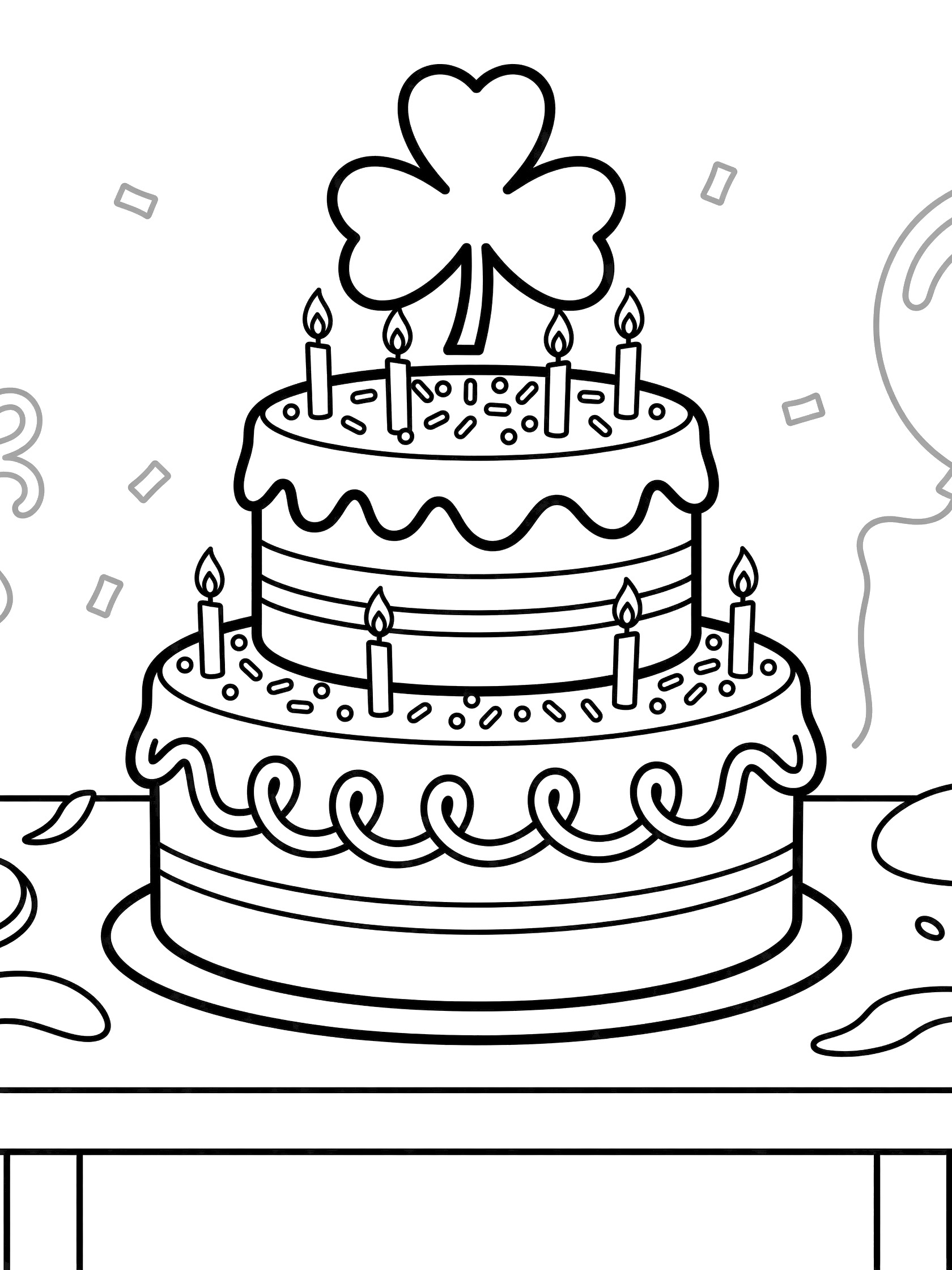 Printable coloring page showing a two-layer cake with green frosting swirls, large shamrock centerpiece, candles, and sprinkles on a party table.