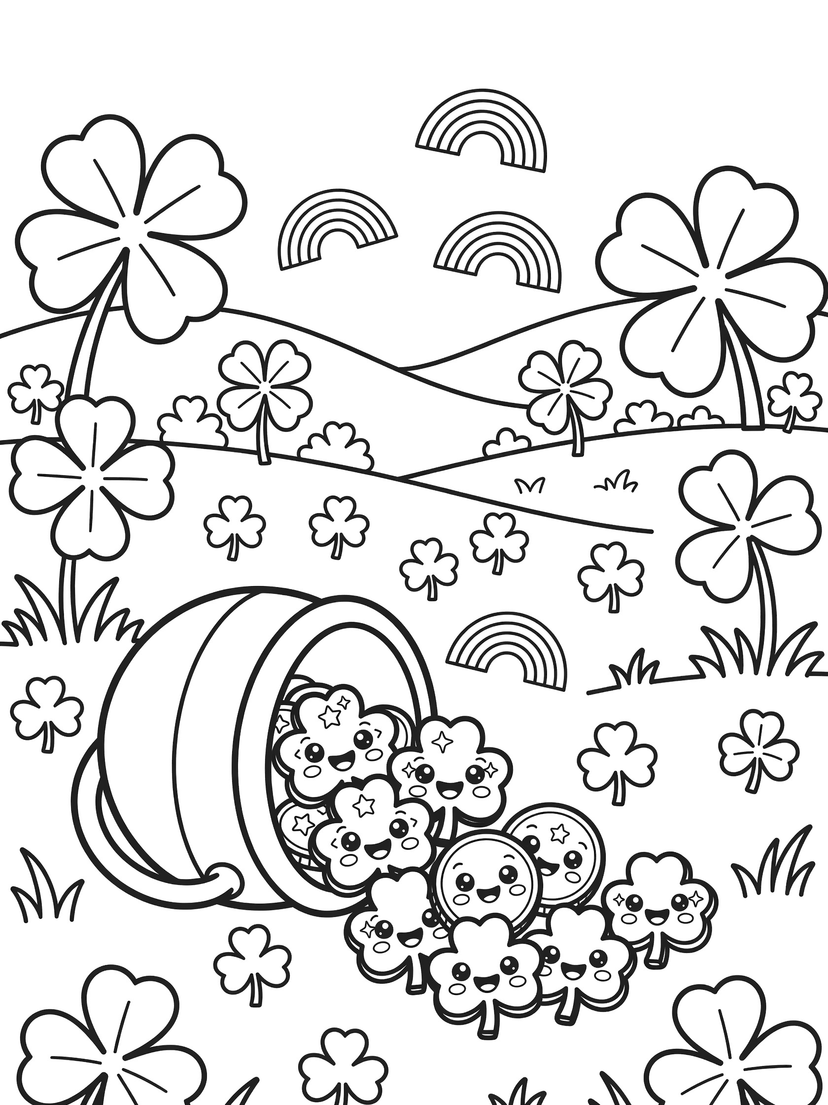 Black and white coloring page of a leprechaun pot spilling kawaii shamrock coins with eyes and smiles, surrounded by four-leaf clovers, rainbows, and hills