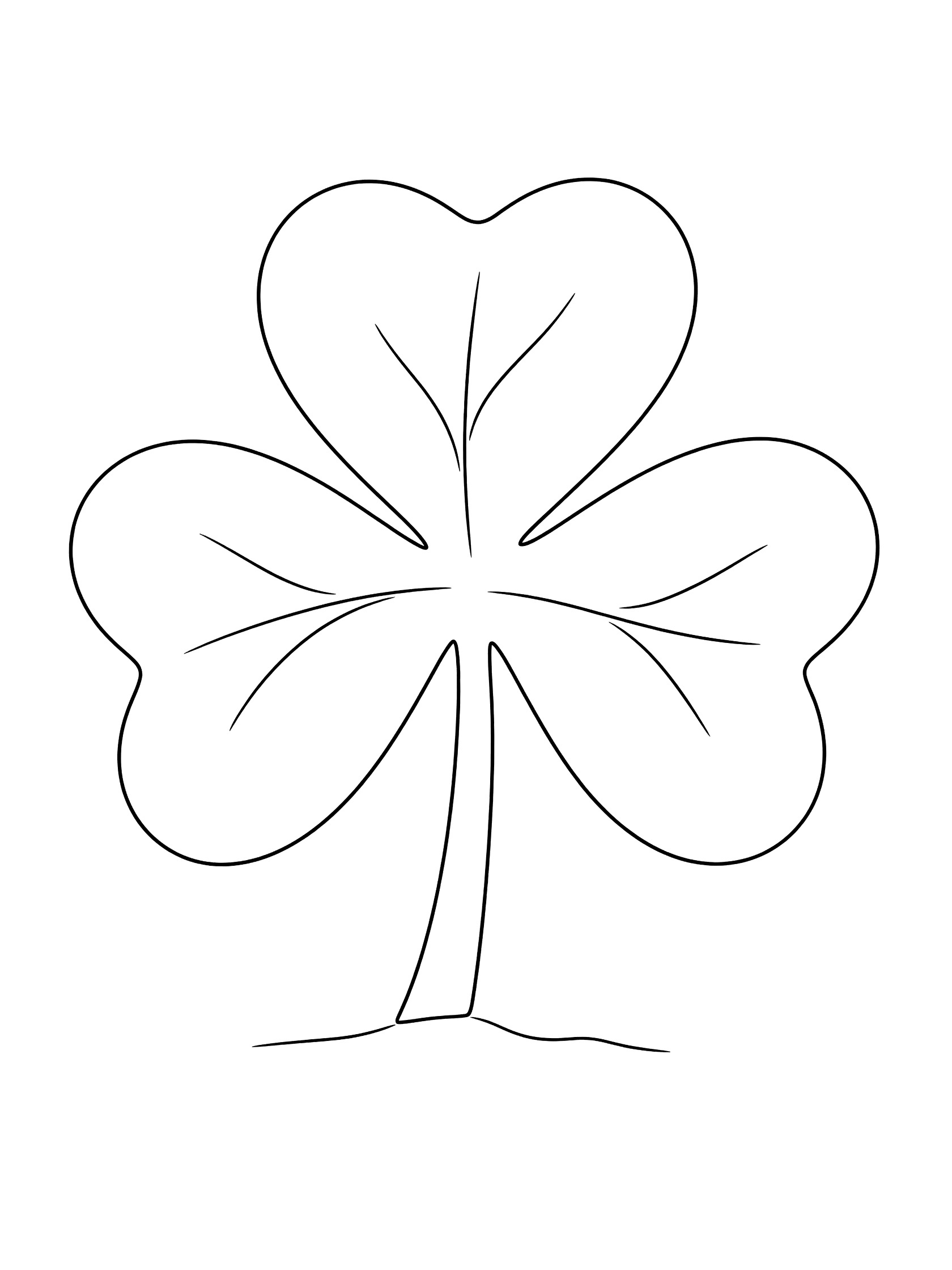 Black and white line art coloring page of a single large shamrock with three heart-shaped leaves, stem, and roots on white background