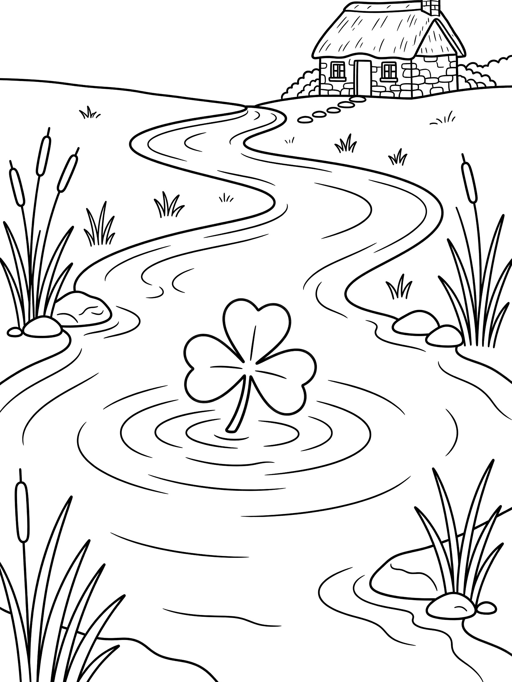 Line art coloring page showing a shamrock leaf floating calmly in a winding stream surrounded by reeds and pebbles, with ripples and a distant Irish cottage on the bank.