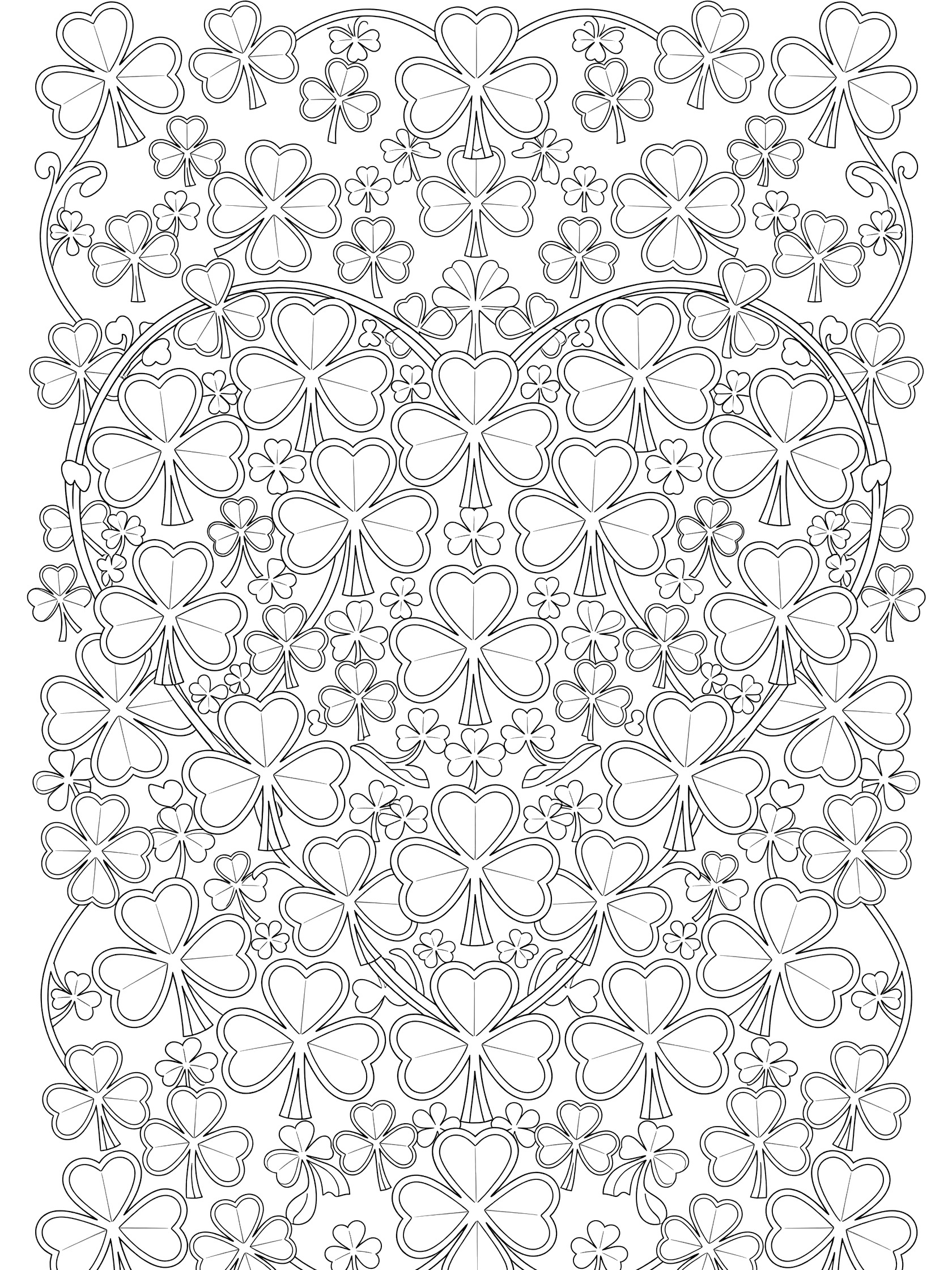 Shamrock coloring page with shamrocks arranged in a symmetrical heart shape, smaller clovers in the center, and vine borders