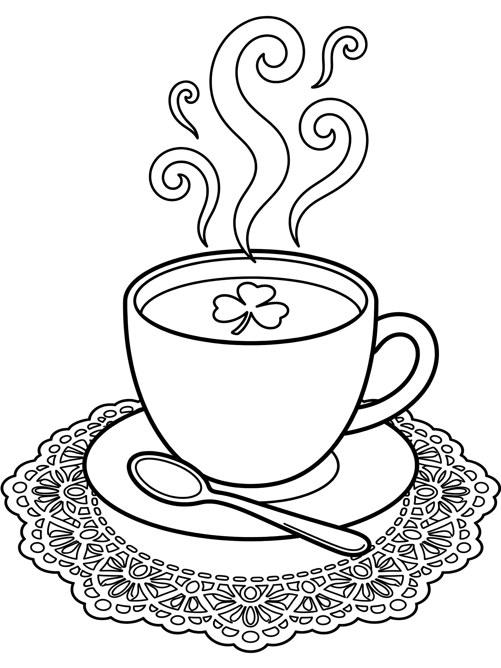 Black and white line art coloring page showing a shamrock floating on tea in a cup with steam, saucer, spoon on lace doily