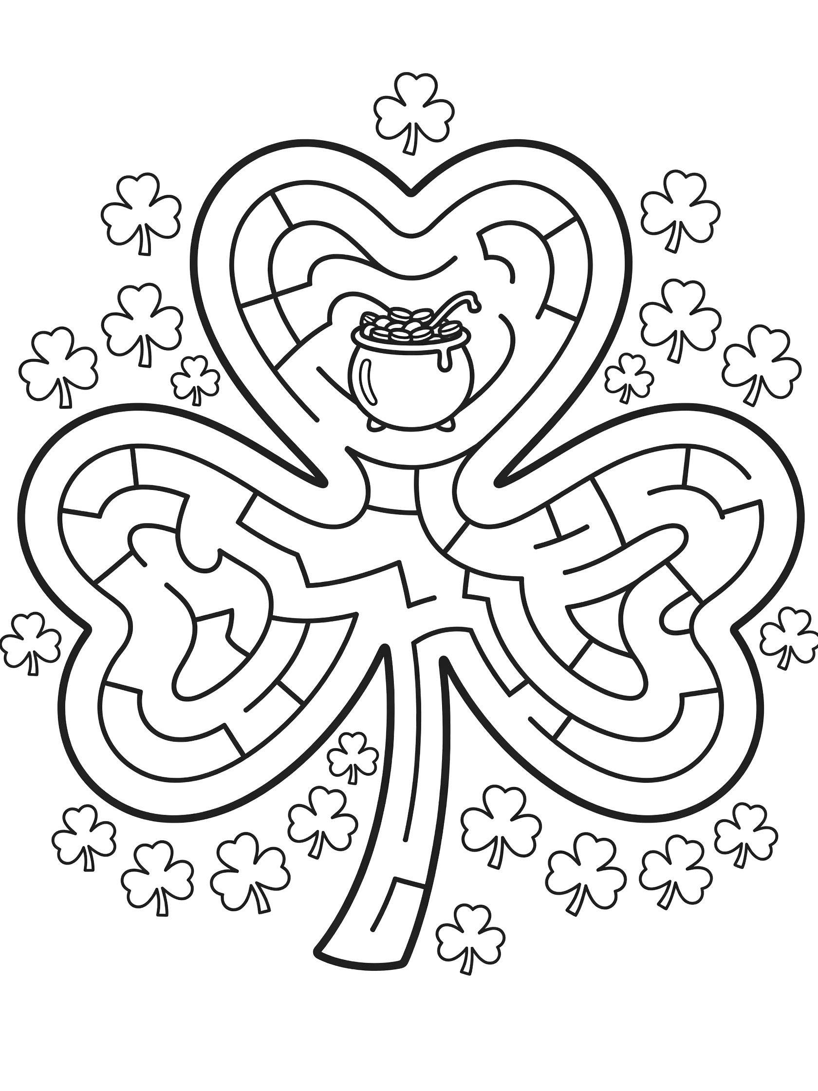Black and white line art of a giant shamrock maze with paths from stem to pot of gold in the center, surrounded by small shamrocks and clovers for coloring.