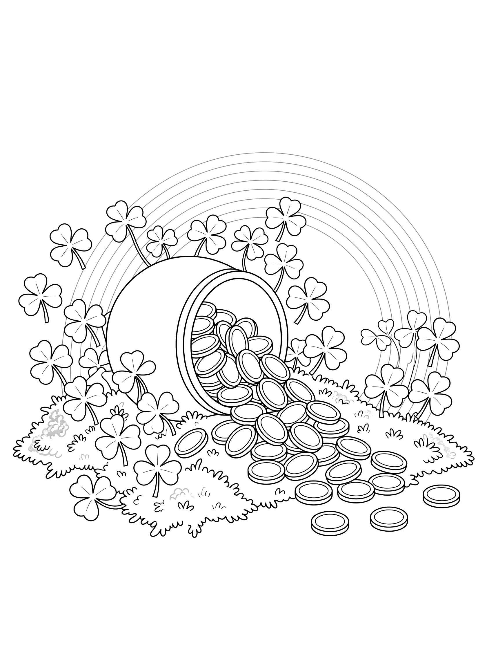 Black-and-white coloring page of a golden pot overflowing with coins and shamrocks on mossy ground at the end of a rainbow.