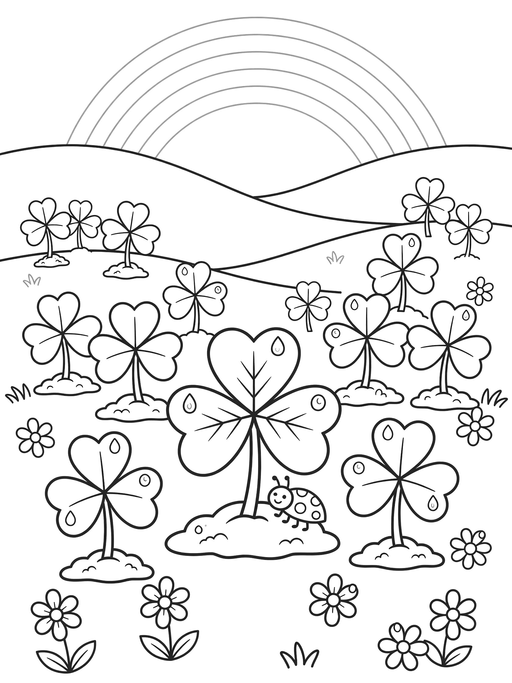 Black and white line art coloring page of shamrock patch with three-leaf clovers, central four-leaf lucky shamrock, ladybug on stem, daisies, dewdrops, hills, and rainbow.