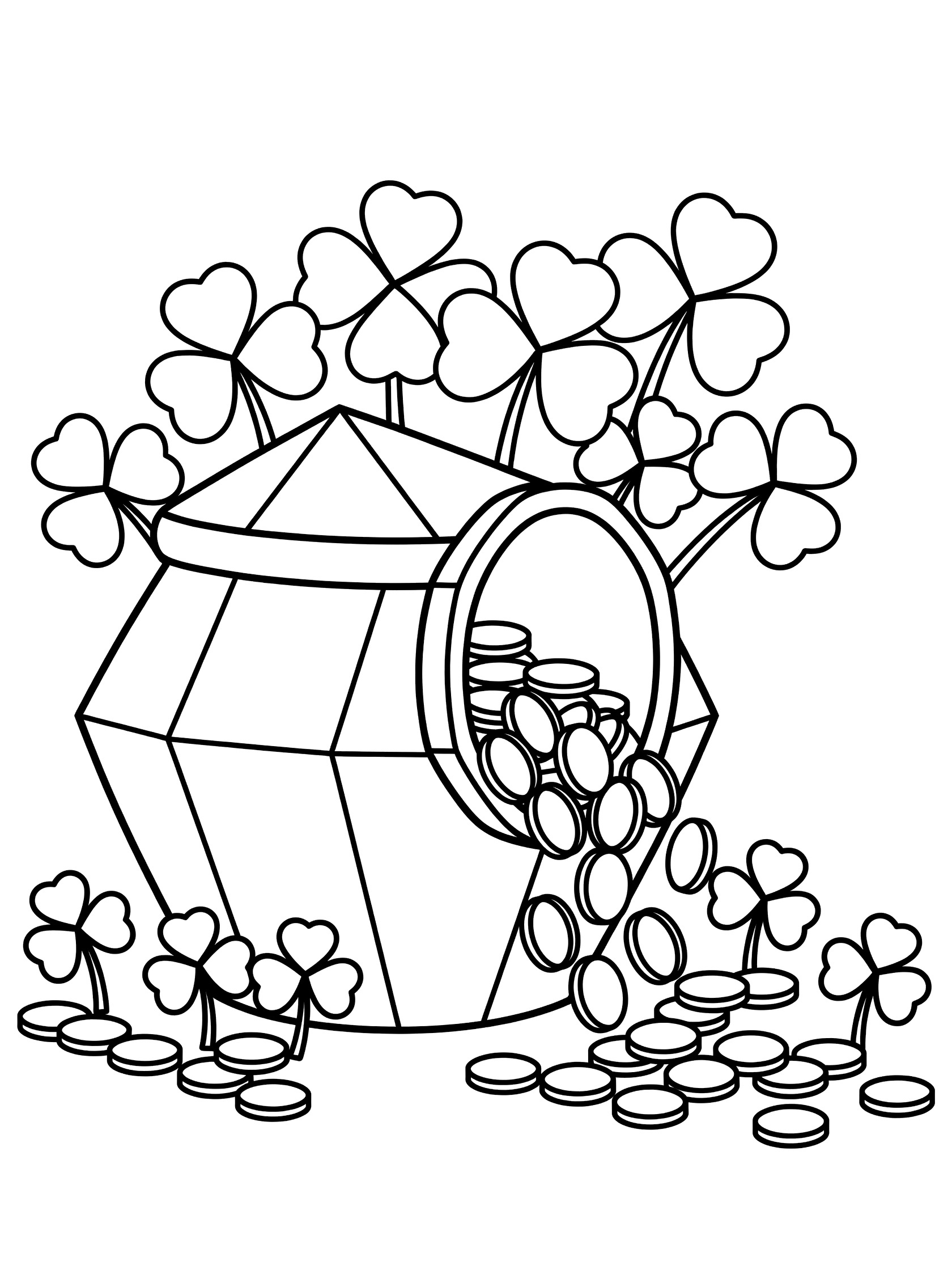 Black and white line art coloring page showing a large geometric gold pot with coins spilling out and a shamrock plant peeking from behind with more clovers around