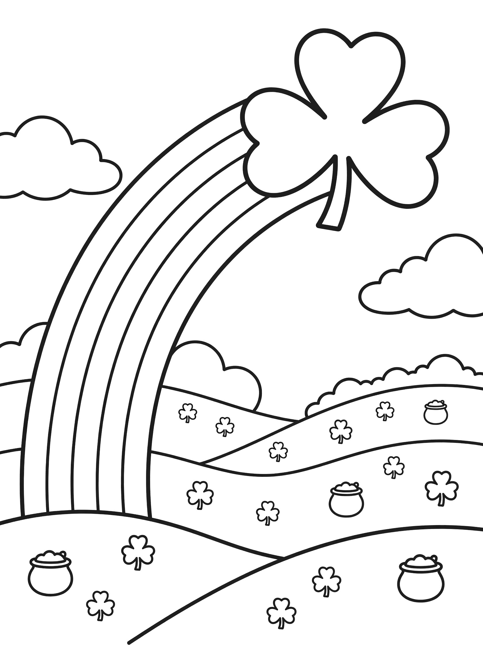 Black and white line art coloring page featuring a large four-leaf shamrock at the end of a rainbow arch, fluffy clouds, rolling green hills, small shamrocks, and pots of gold for St. Patrick's Day.