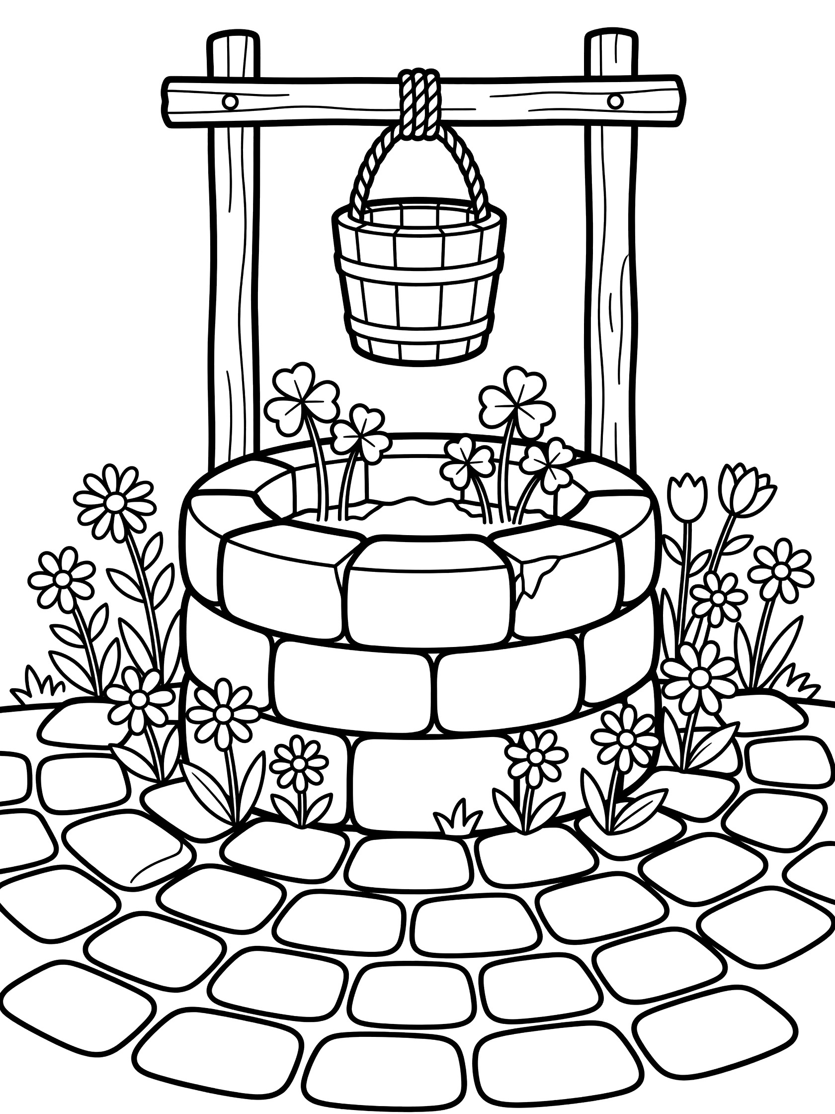 Black and white line art coloring page showing shamrock plants growing near a stone wishing well with rope bucket, surrounded by flowers and cobblestone path