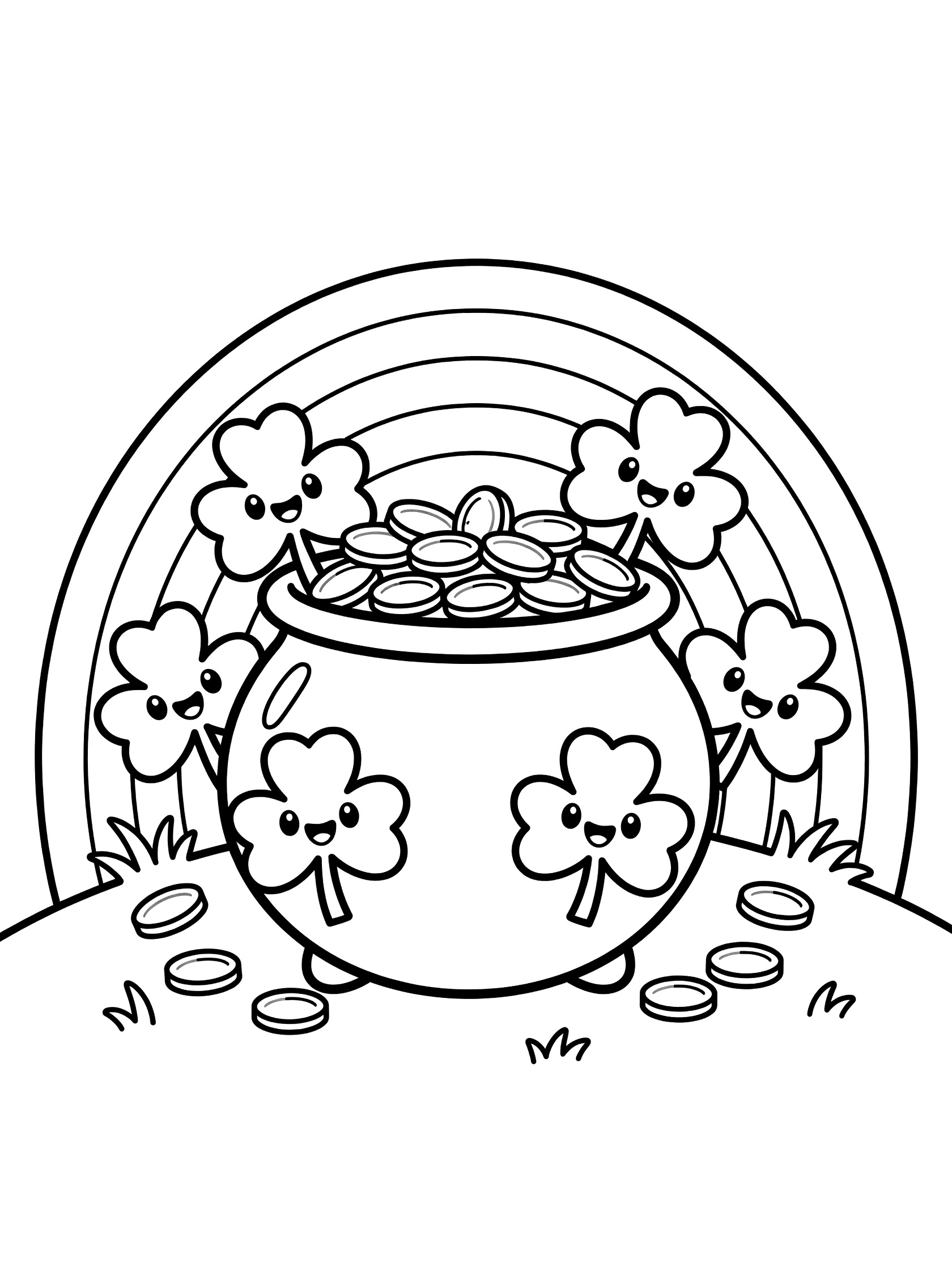 Black and white line art of a cute pot of gold overflowing with coins, surrounded by happy-faced shamrocks, on a hill at the end of a rainbow.