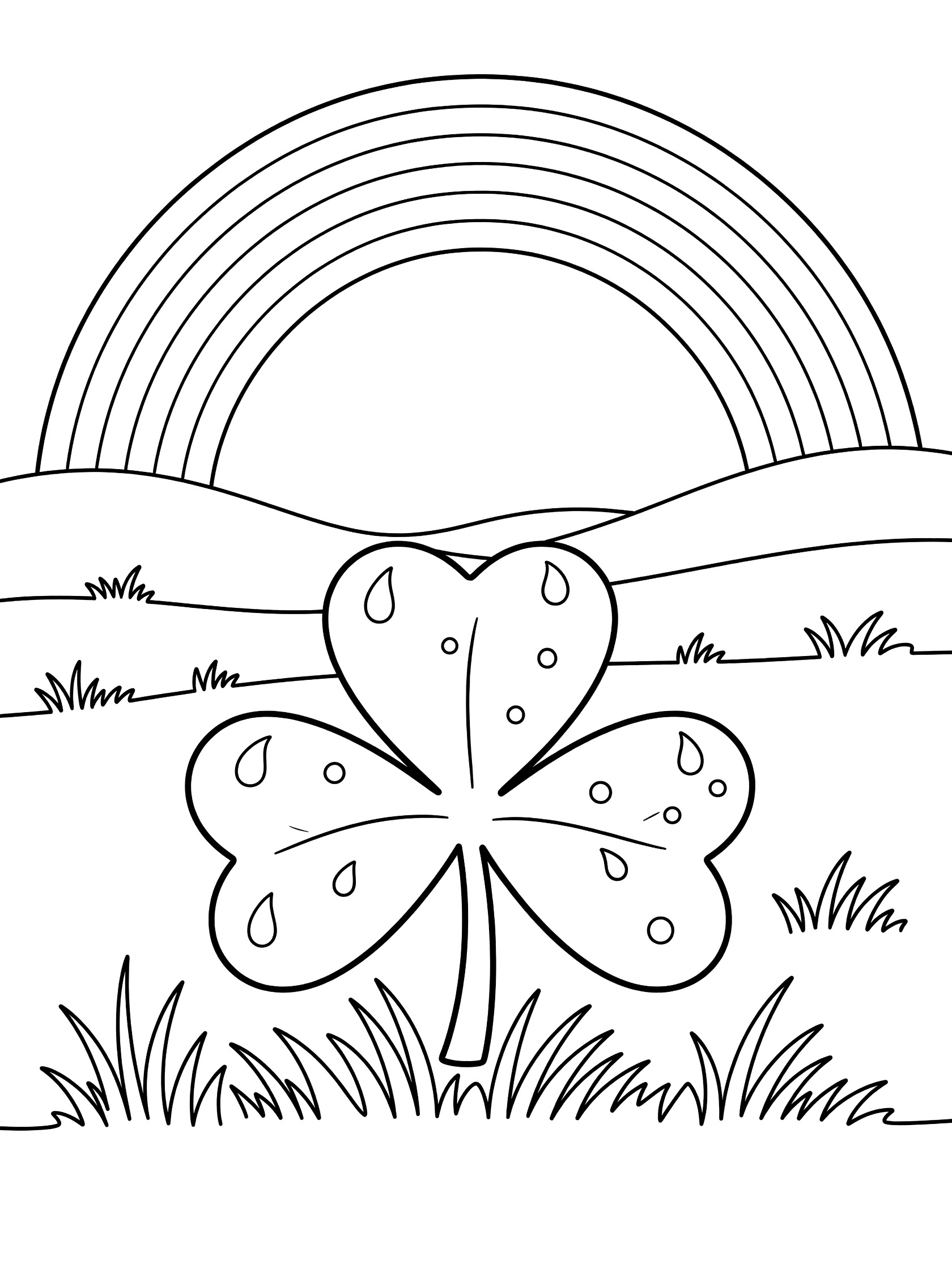 Black and white coloring page of a large shamrock nestled in grass under a rainbow arching over rolling hills, with dewdrops on the leaves.