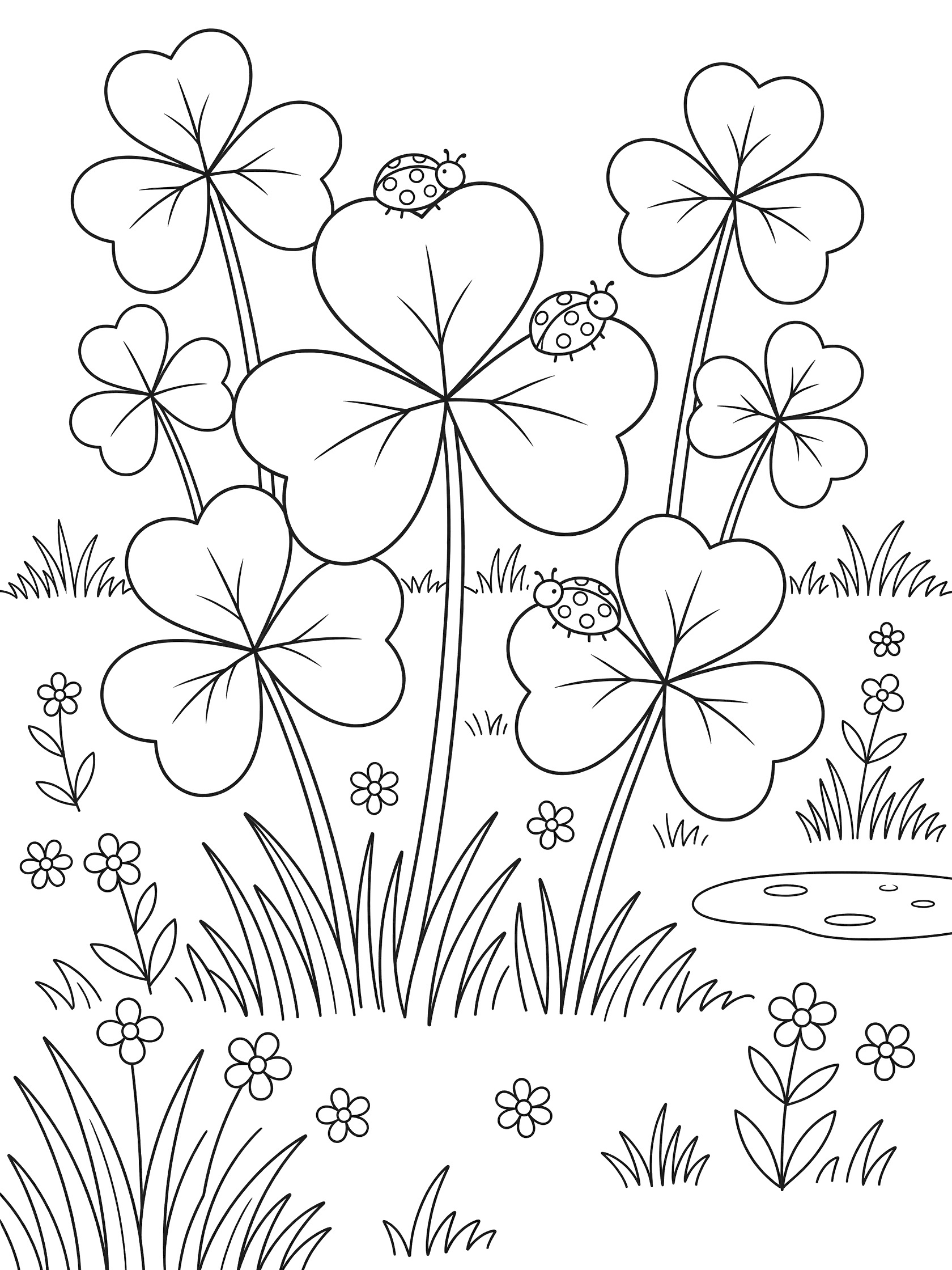 Black and white line art coloring page showing three ladybugs on tall shamrock leaves surrounded by grass blades and small flowers