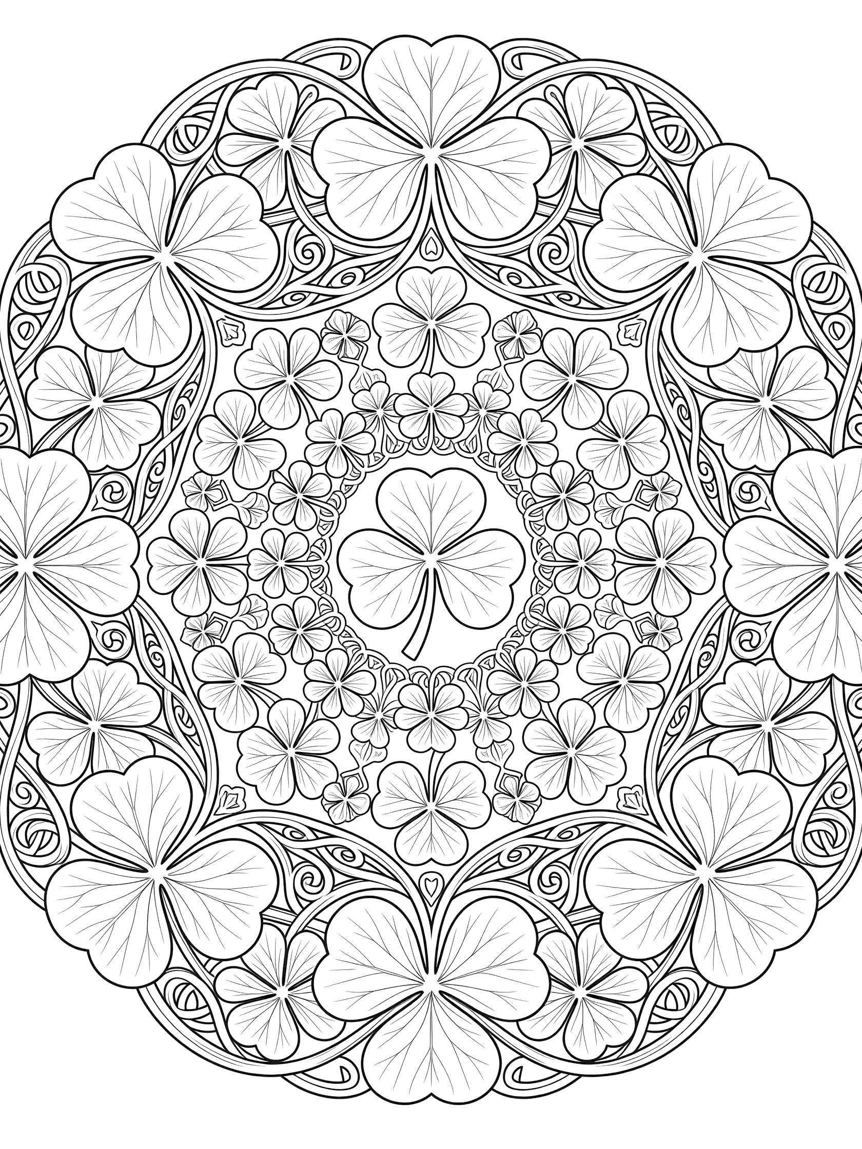 Black and white line art of an intricate shamrock wreath with a four-leaf clover center, overlapping three-leaf shamrocks, vines, and Celtic knot patterns forming a symmetrical circular frame.