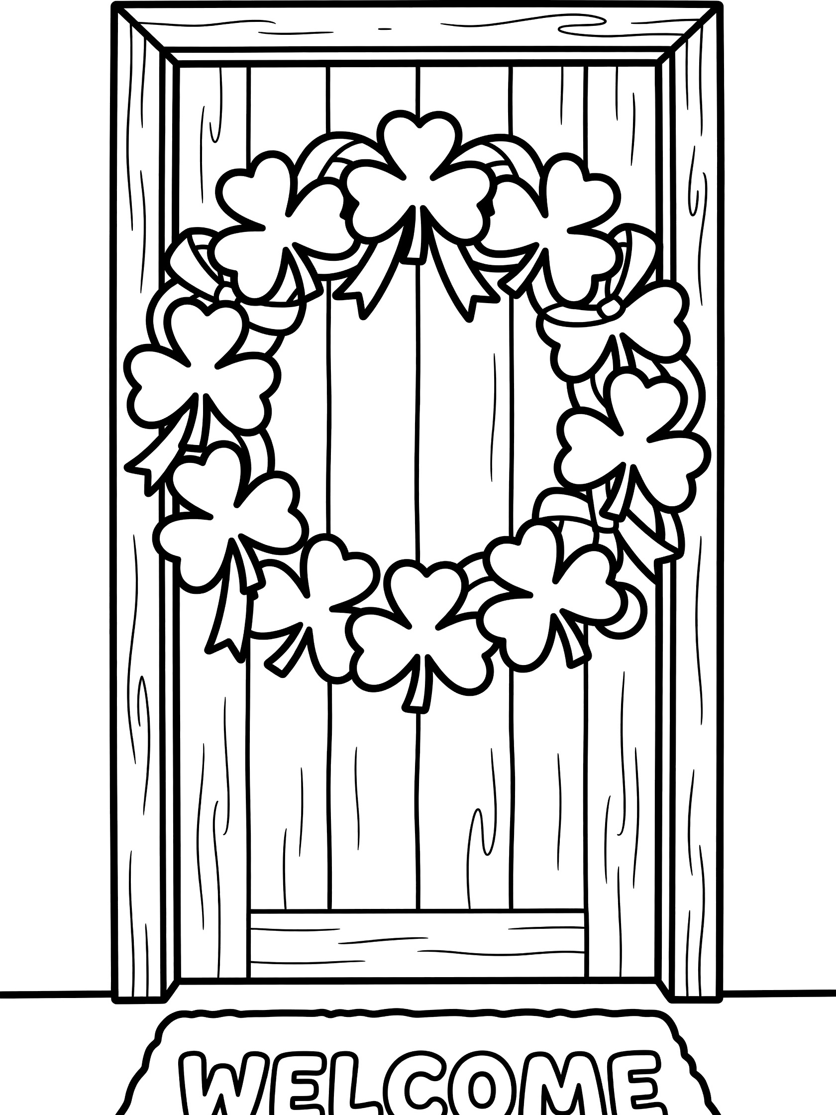 Black and white line art of a circular shamrock wreath with ribbons on a wooden door and welcome mat, kawaii style coloring page