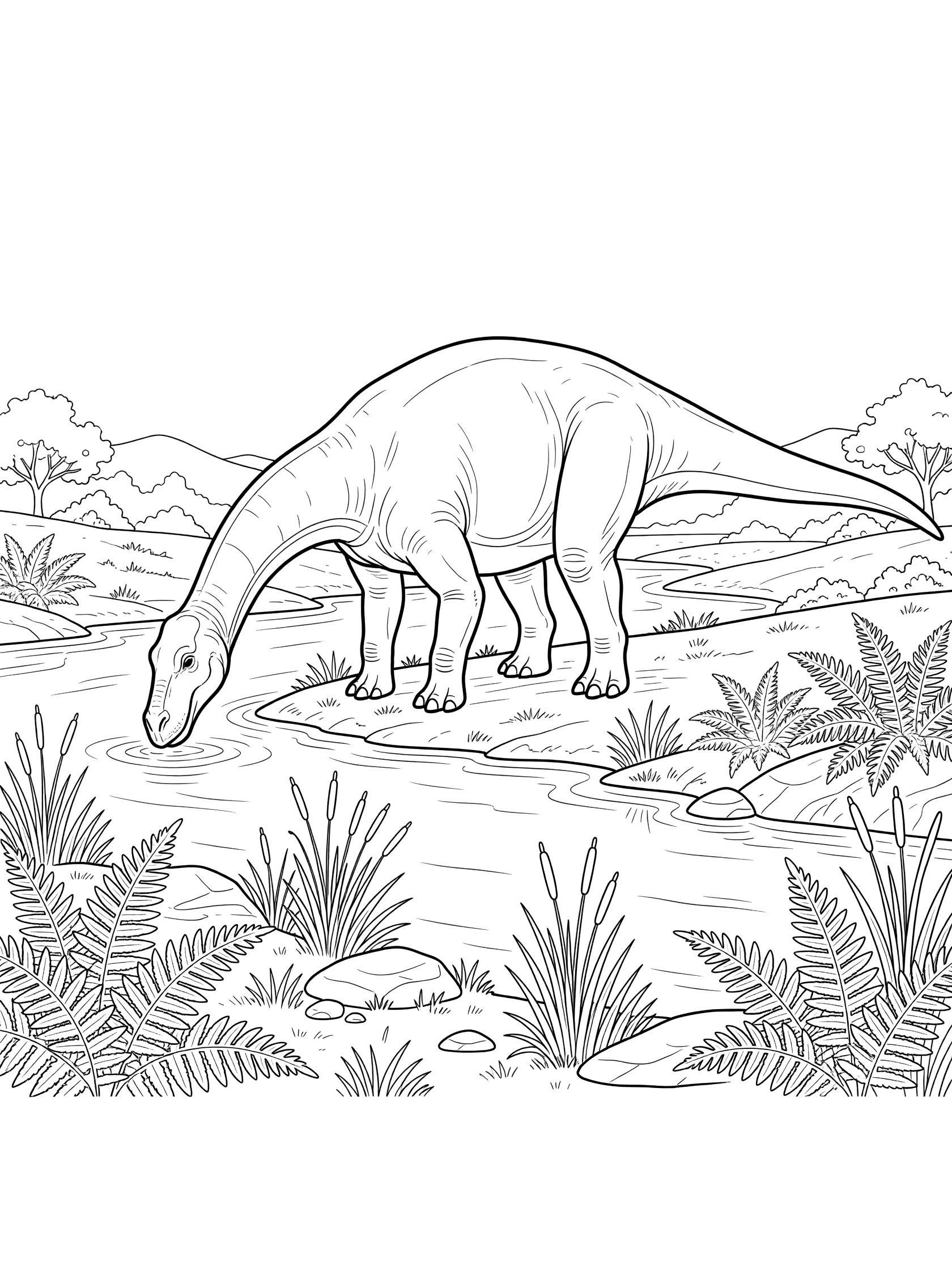 Black-and-white coloring page of a Shantungosaurus dinosaur bending to drink from a river, surrounded by ferns, reeds, rocks, trees, and hills.
