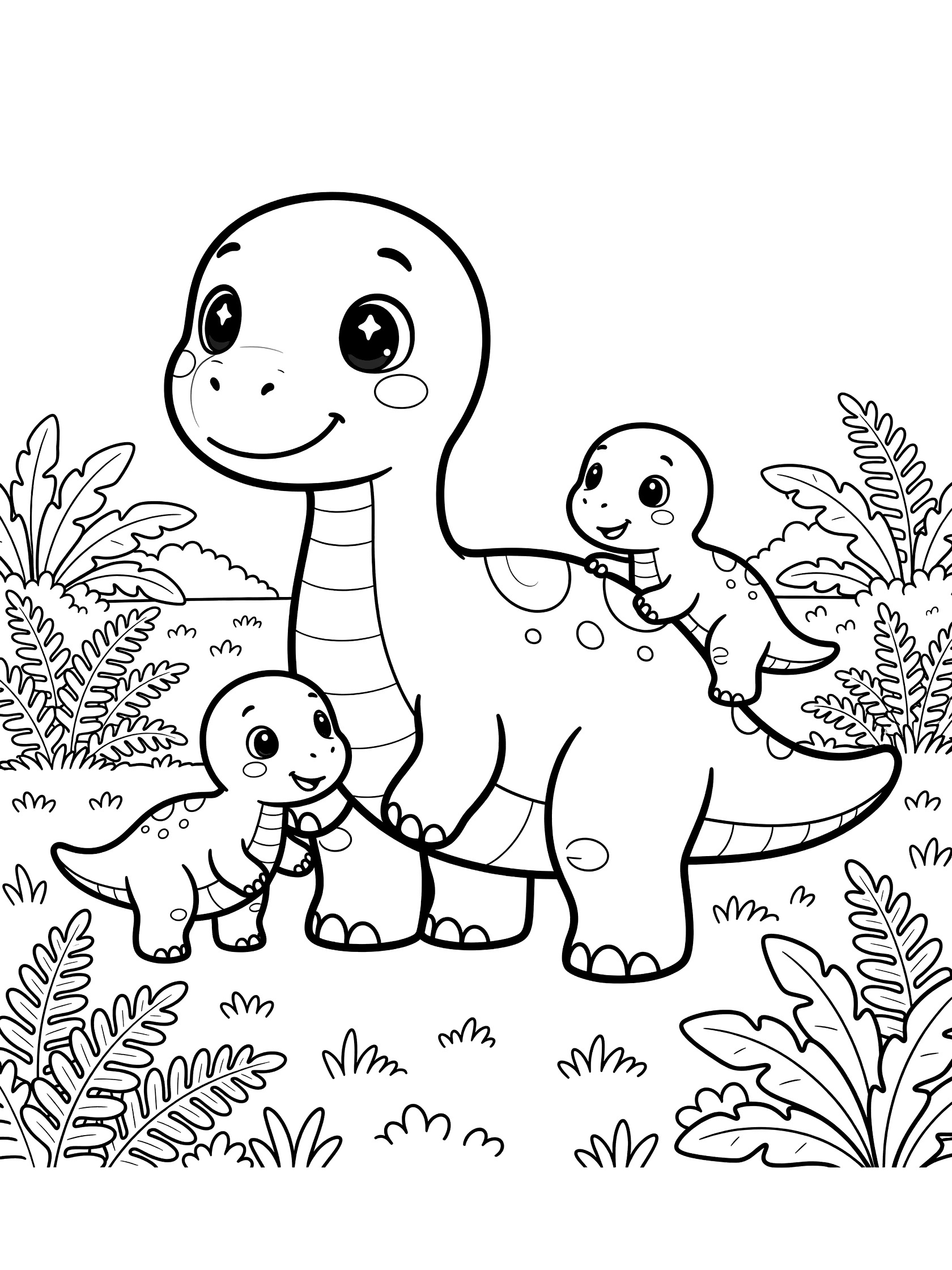 Black-and-white coloring page of a kawaii Shantungosaurus mom with big eyes and smile, standing with three chubby baby Shantungosaurus nuzzling her legs and tail in a fern meadow.