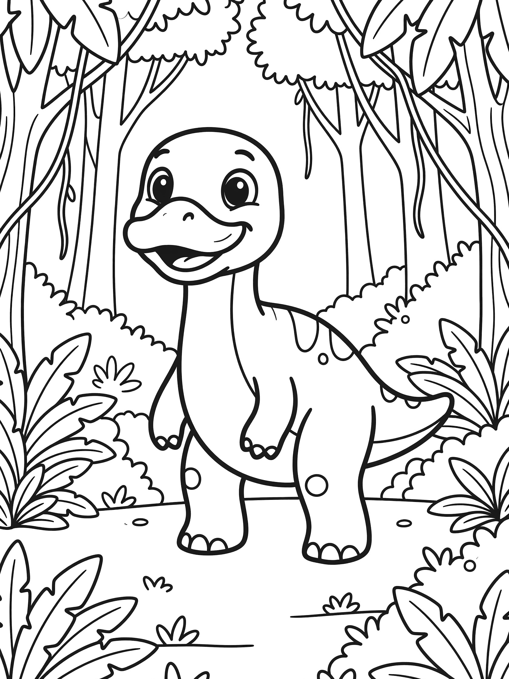 Cute cartoon Shantungosaurus with duck-like bill and big eyes walking on hind legs through prehistoric forest coloring page