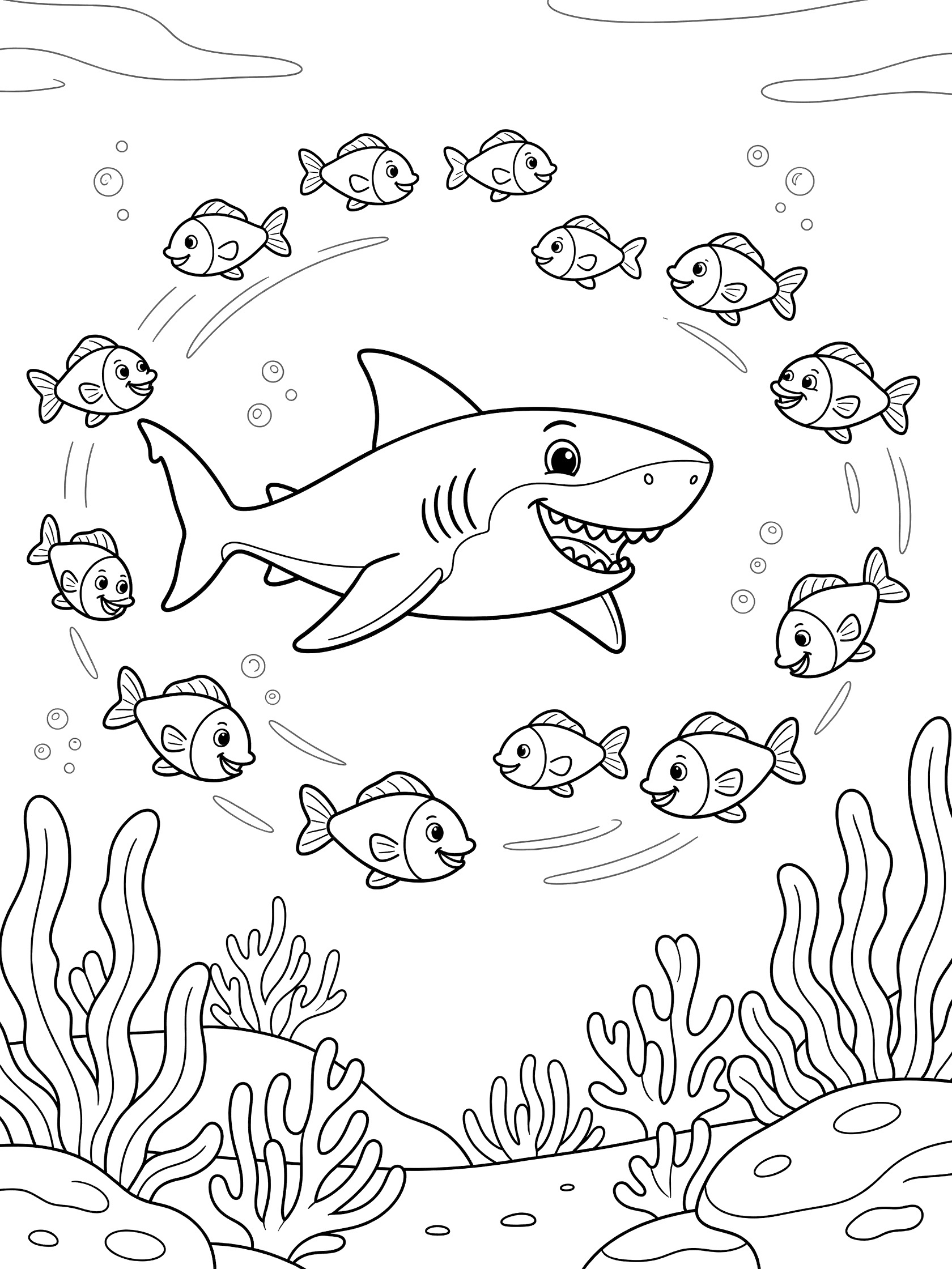 Black and white line art coloring page showing a smiling shark in the center surrounded by a ring of smiling fish with seaweed at the bottom