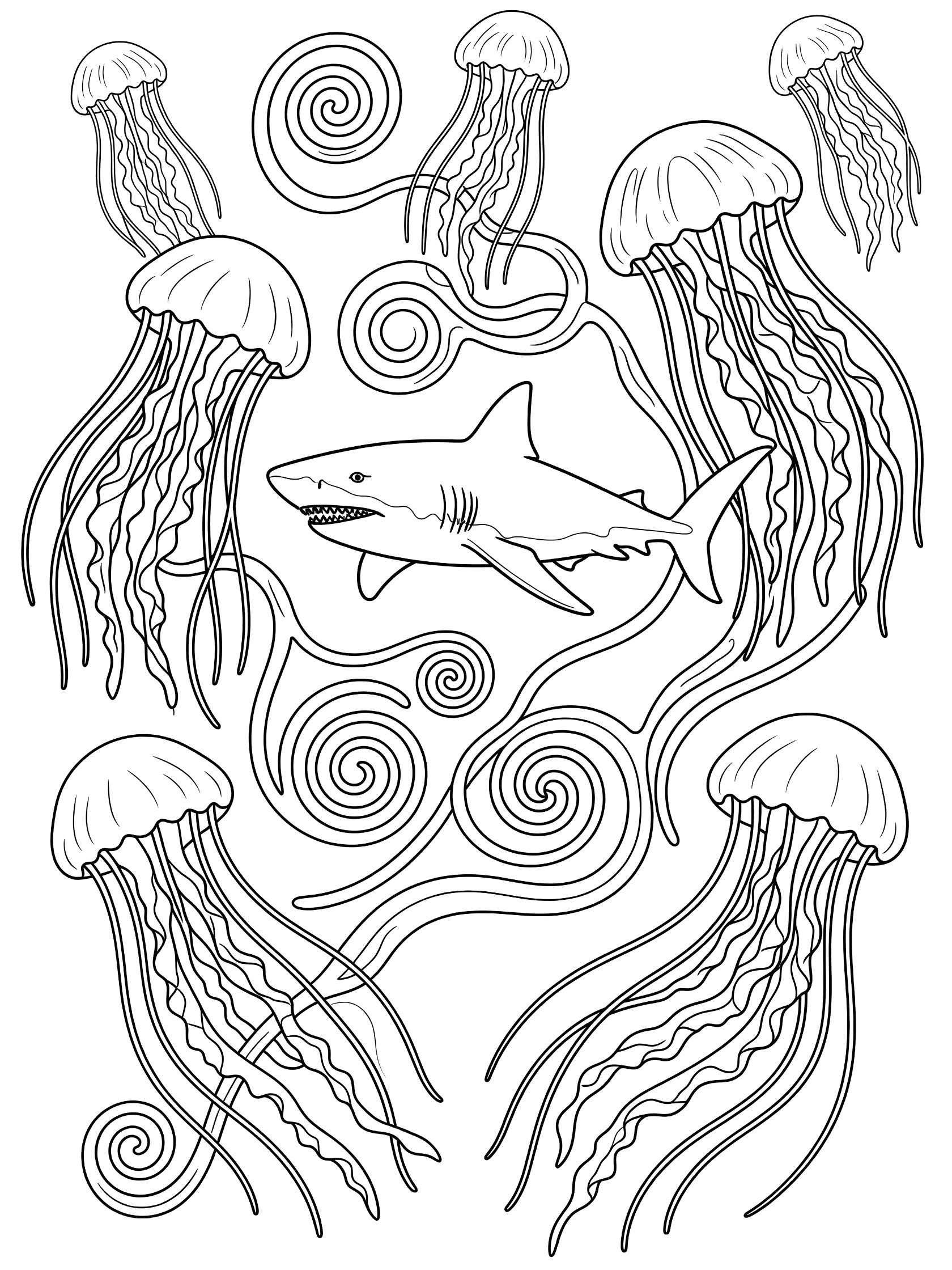 Black and white line art coloring page showing a shark in the center surrounded by jellyfish with long tentacles and swirling patterns.